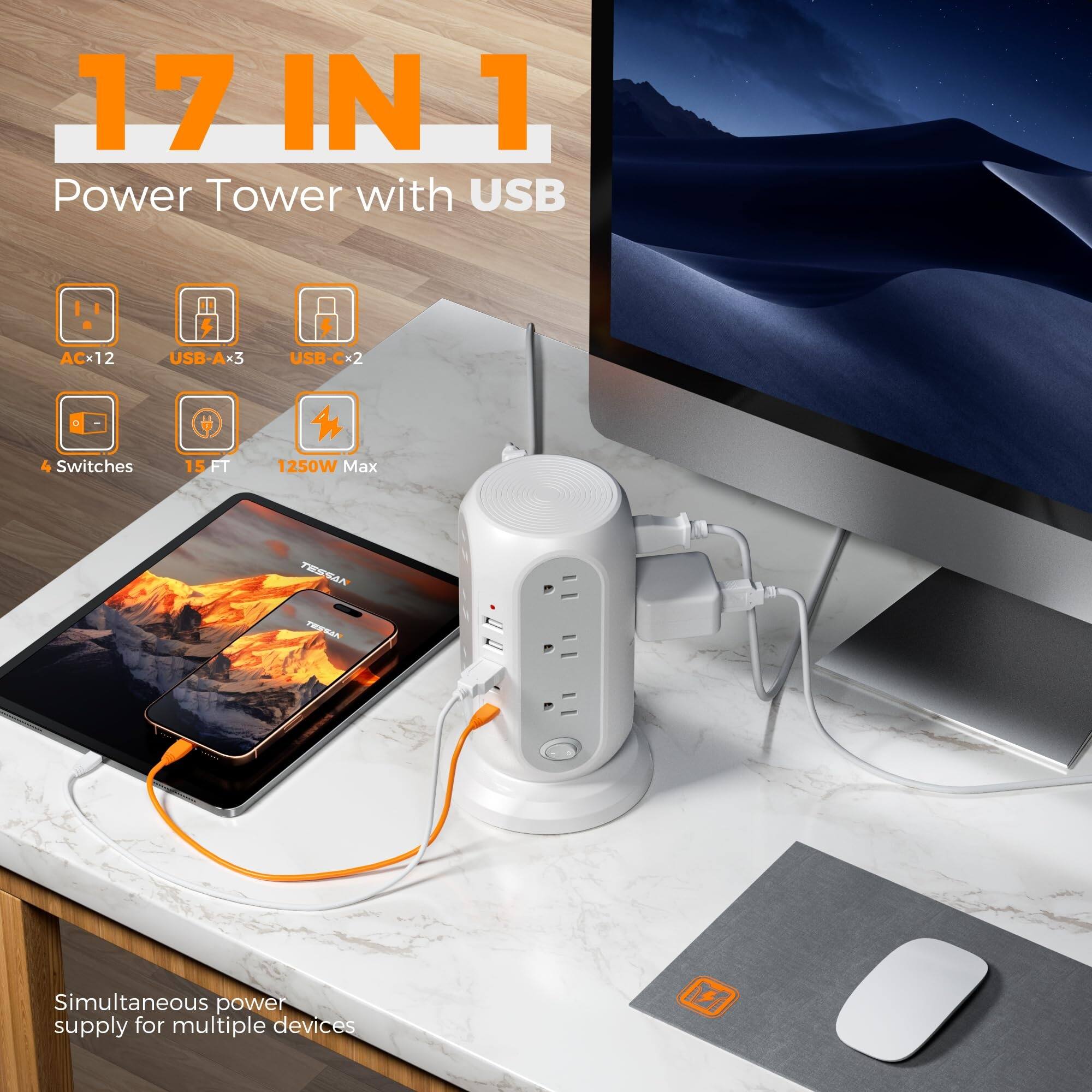 17 IN 1 Power Tower with USB  
ACx12 USB-Ax3 USB-Cx2  
4 Switches  
15 FT  
1250W Max  
Simultaneous power supply for multiple devices