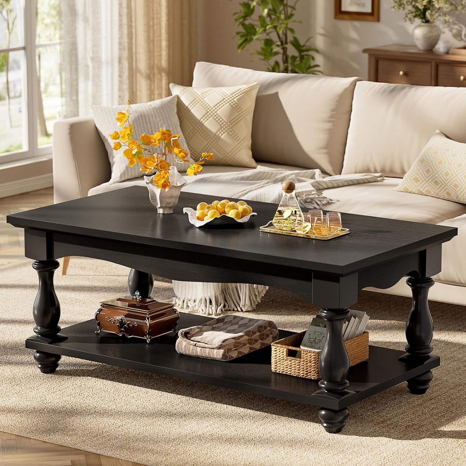 Aheaplus - Wooden Coffee Table - 2-Tier Farmhouse Coffee Table with Storage for Living Room - Black