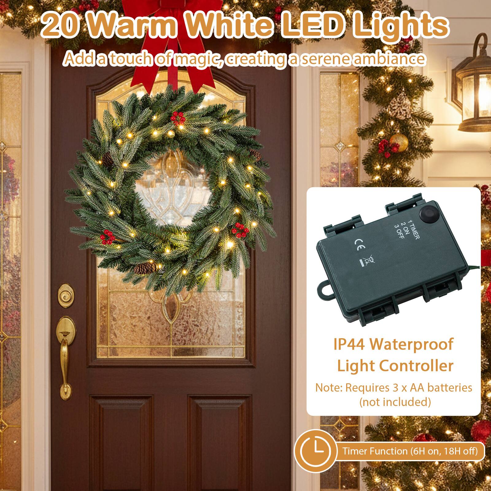 20 Warm White LED Lights  
Add a touch of magic, creating a serene ambiance  

IP44 Waterproof Light Controller  
Note: Requires 3 x AA batteries (not included)  
Timer Function (6H on, 18H off)