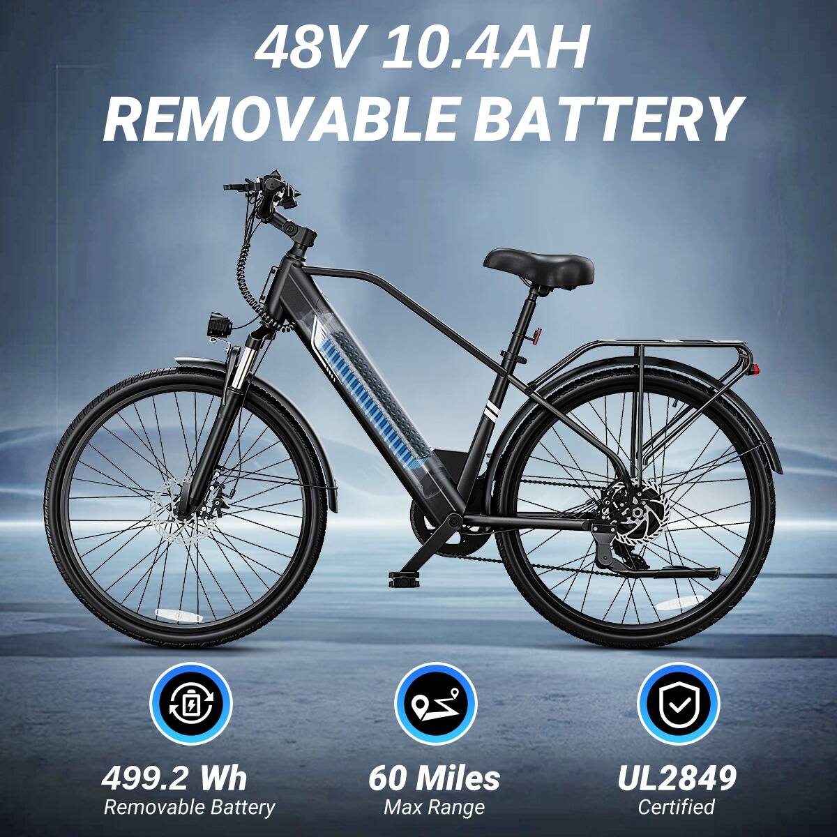 48V 10.4AH REMOVABLE BATTERY

499.2 Wh Removable Battery

60 Miles Max Range

UL2849 Certified