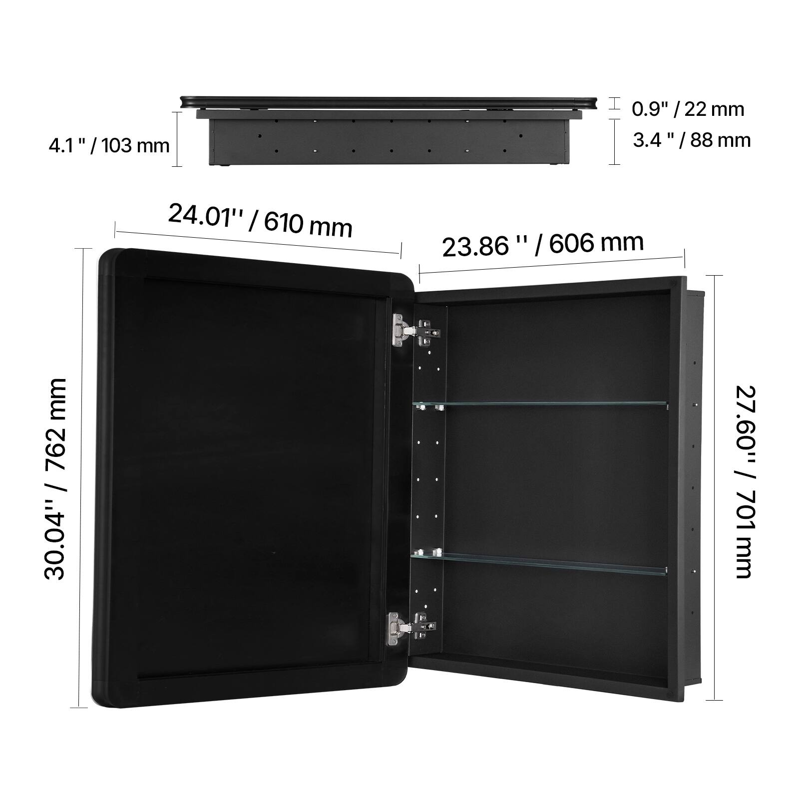 4.1" / 103 mm  
0.9" / 22 mm  
3.4" / 88 mm  

24.01" / 610 mm  
23.86" / 606 mm  

30.04" / 762 mm  
27.60" / 701 mm