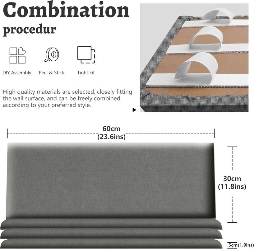 Combination procedur

DIY Assembly
Peel & Stick
Tight Fit

High quality materials are selected, closely fitting the wall surface, and can be freely combined according to your preferred style.

60cm (23.6ins)
30cm (11.8ins)
5cm (1.9ins)