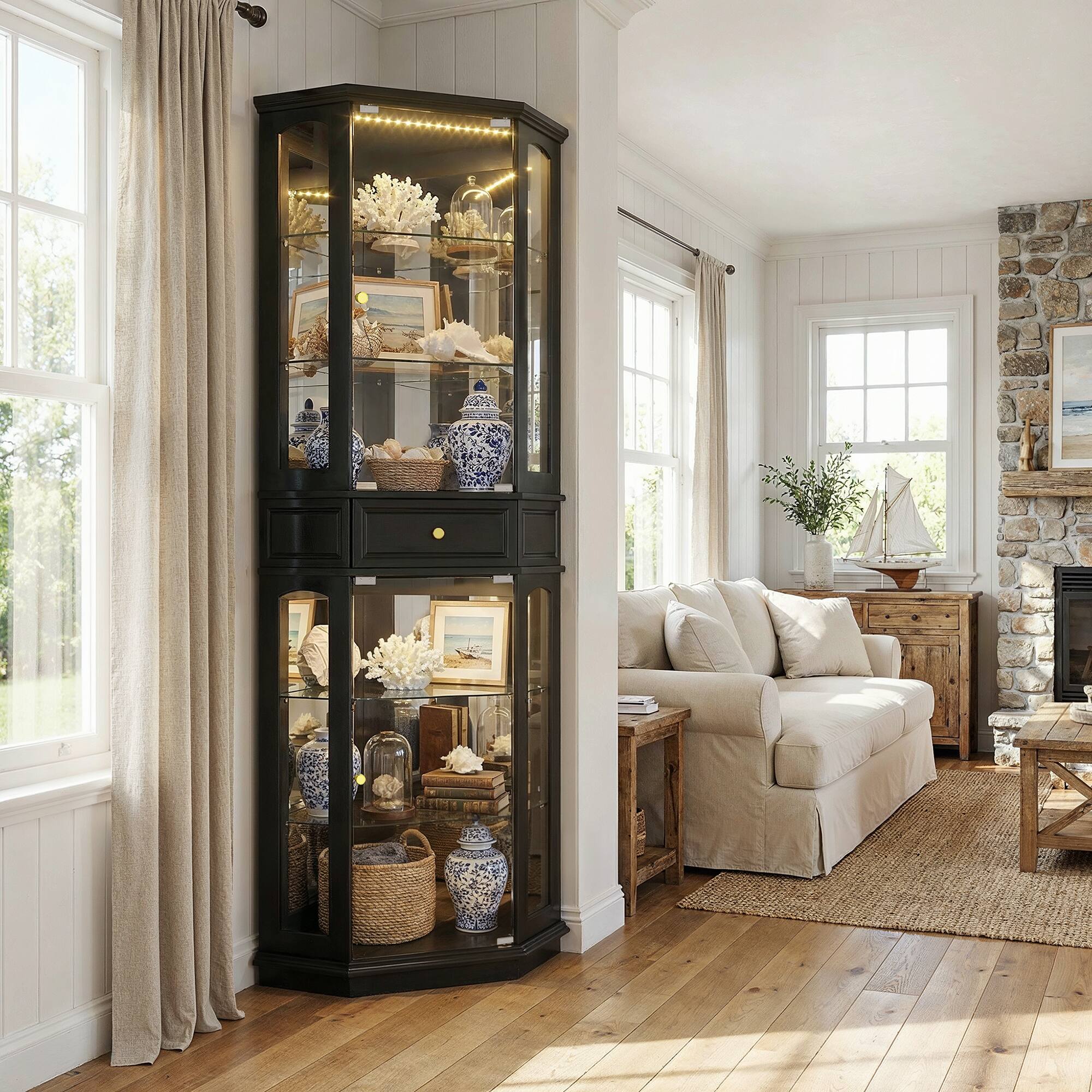 Angle. FUFU & GAGA - Black Corner Glass Display Cabinet with RGB Lights, Tall Tempered Glass Curio Cabinet for Living Room & Home Bar - Black.
