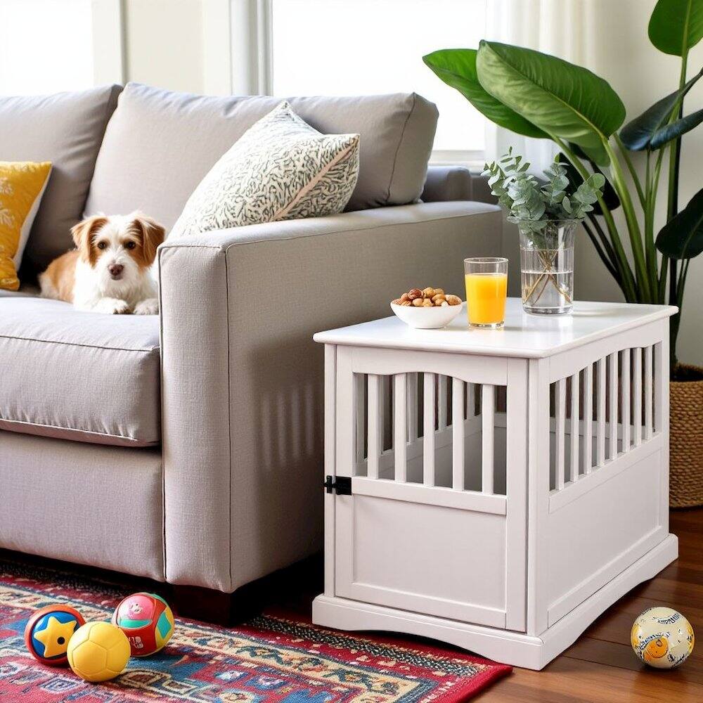 Alt View 2. FurniFact - White Dog Kennel Furniture with Lockable Gate - White.