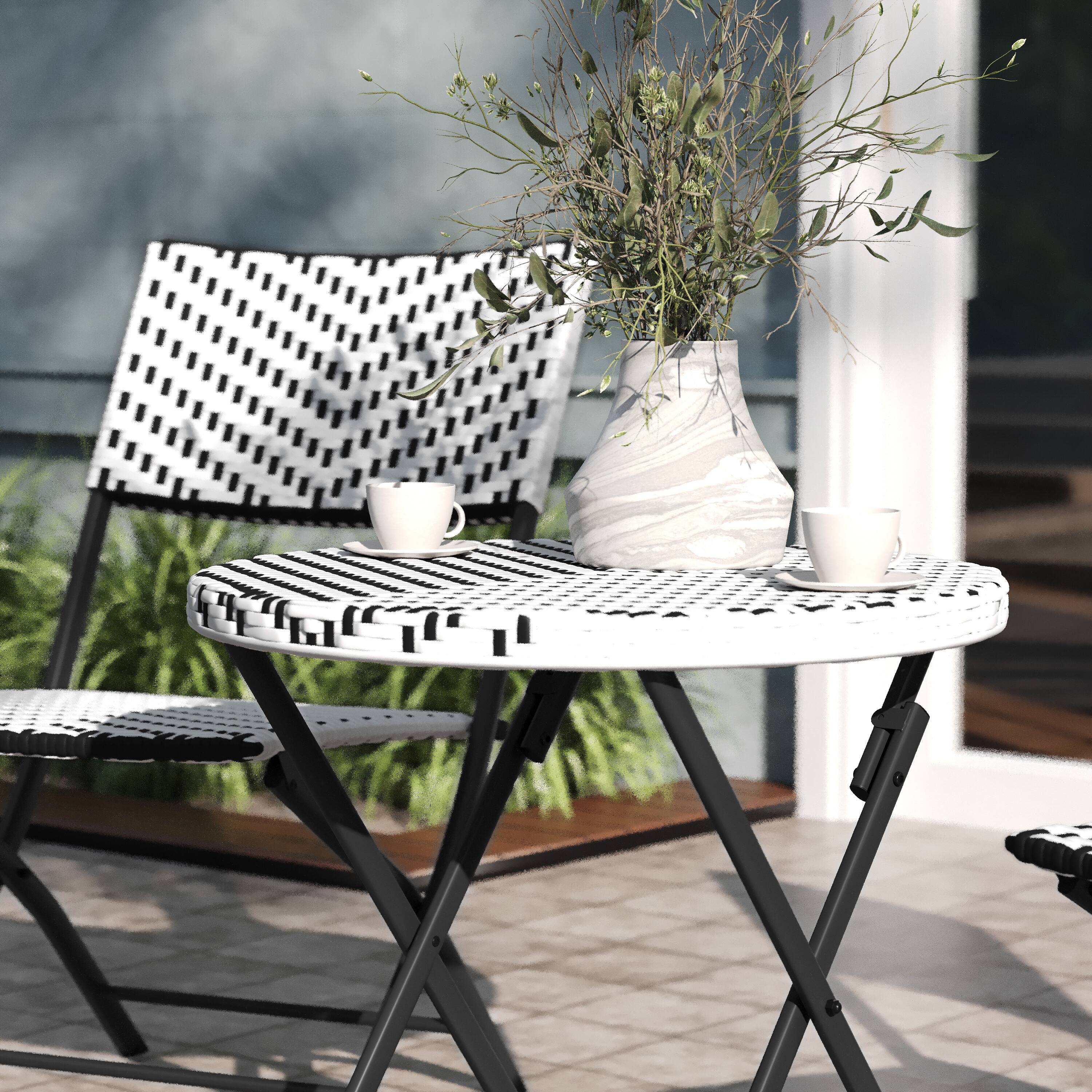 Alt View 4. Emma + Oliver - Ciel Three Piece Folding Bistro Set in PE Rattan with Metal Frames for Indoor and Outdoor Use - Black & White.
