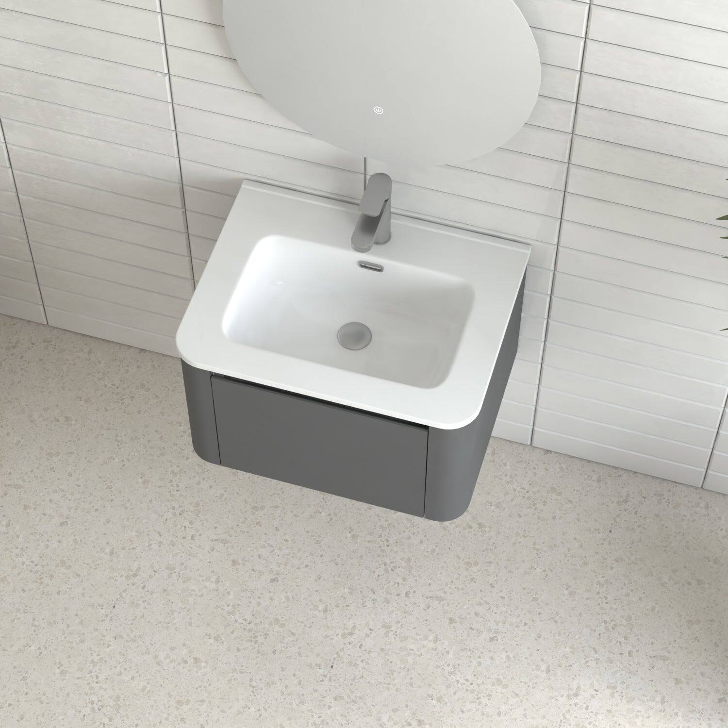 Angle. Boyel Living - 24 in Grey Wall-Mounted Bathroom Vanity with Soft-Close Drawer Ceramic Integrated Basin PET Waterproof Finish - Gray.