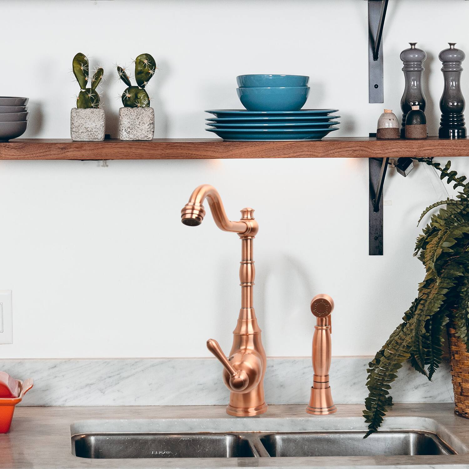 Alt View 5. Akicon - Akicon Solid Brass One-Handle 360° Swivel Widespread Kitchen Faucet with Side Spray in Copper - Copper.