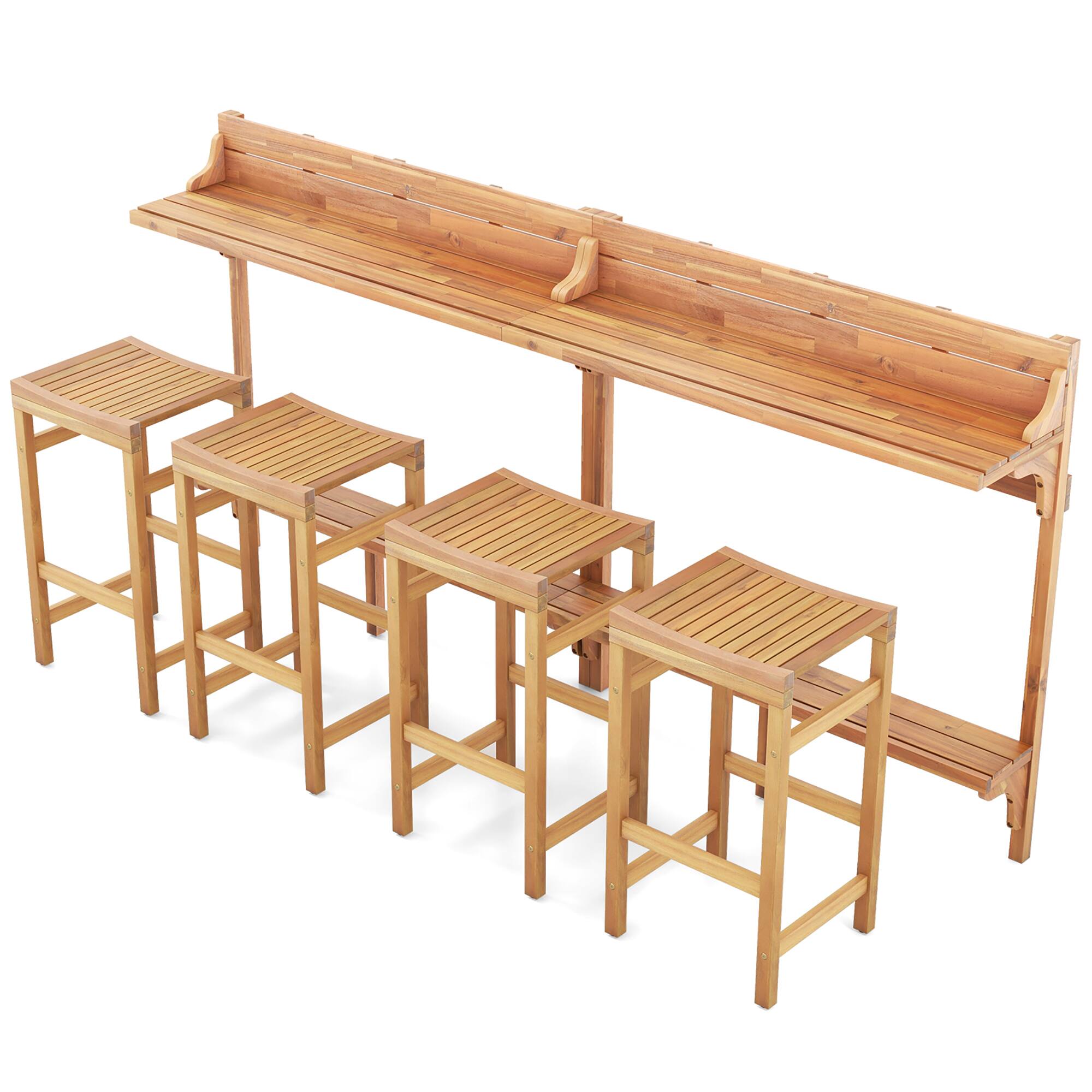 Alt View 8. Gymax - Gymax 6 PCS Acacia Wood Balcony Table Set w/ Shelf Footrest Curved Wood Seat - Teak.