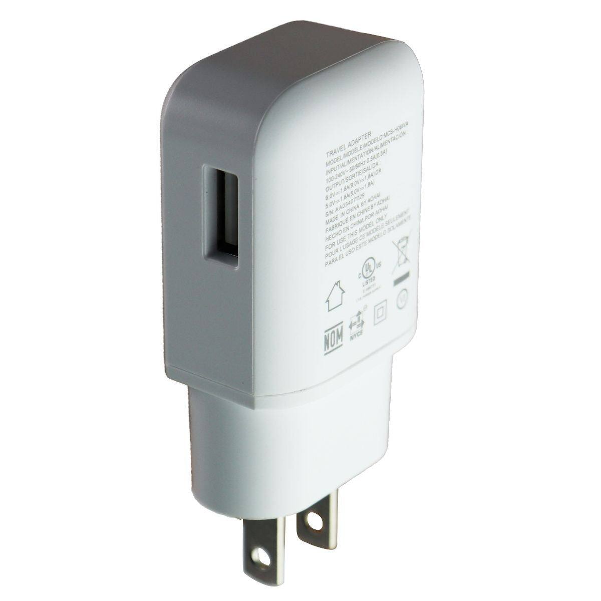 TRAVEL ADAPTER  
MODEL: MCS-HOBIA  
INPUT: 100-240V~50/60Hz 0.5A  
OUTPUT: 9.0V=1.8A OR 5.0V=2.4A  
S/N: AA034071129  
MADE IN CHINA  
FABRIQUE EN CHINE  
HECHO EN CHINA  
FOR USE CE MODEL  
POUR USAGE CE MODELE  
PARA EL USO ESTE MODELO