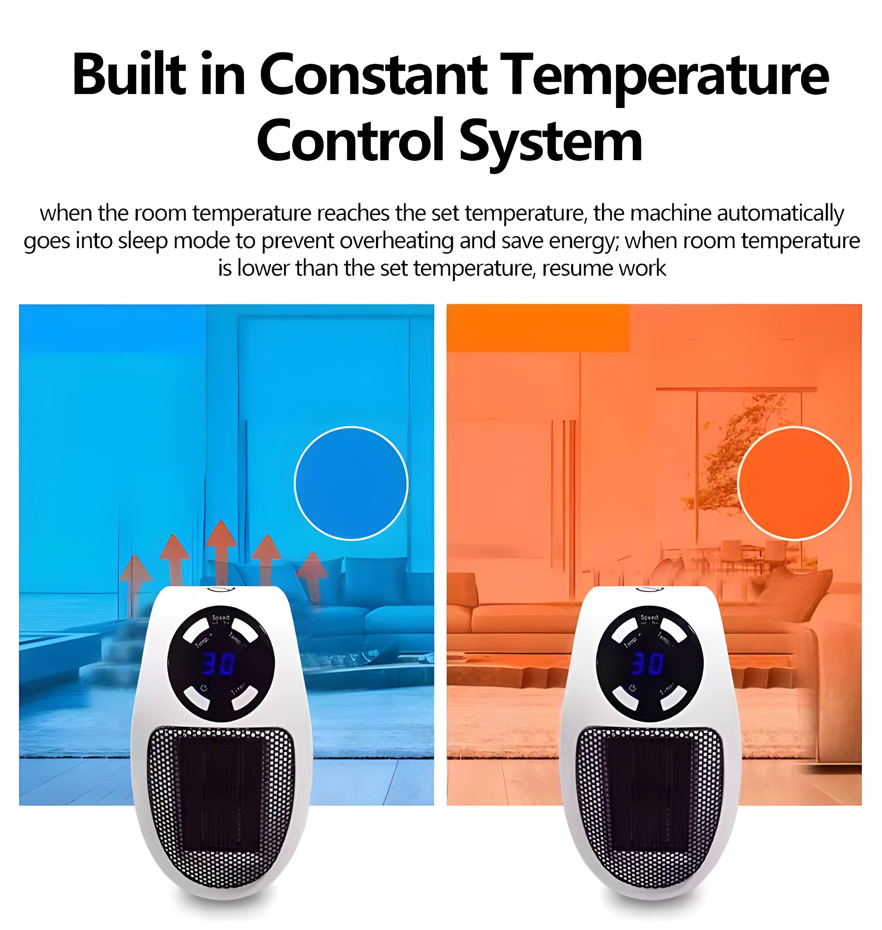 Built in Constant Temperature Control System

when the room temperature reaches the set temperature, the machine automatically goes into sleep mode to prevent overheating and save energy; when room temperature is lower than the set temperature, resume work