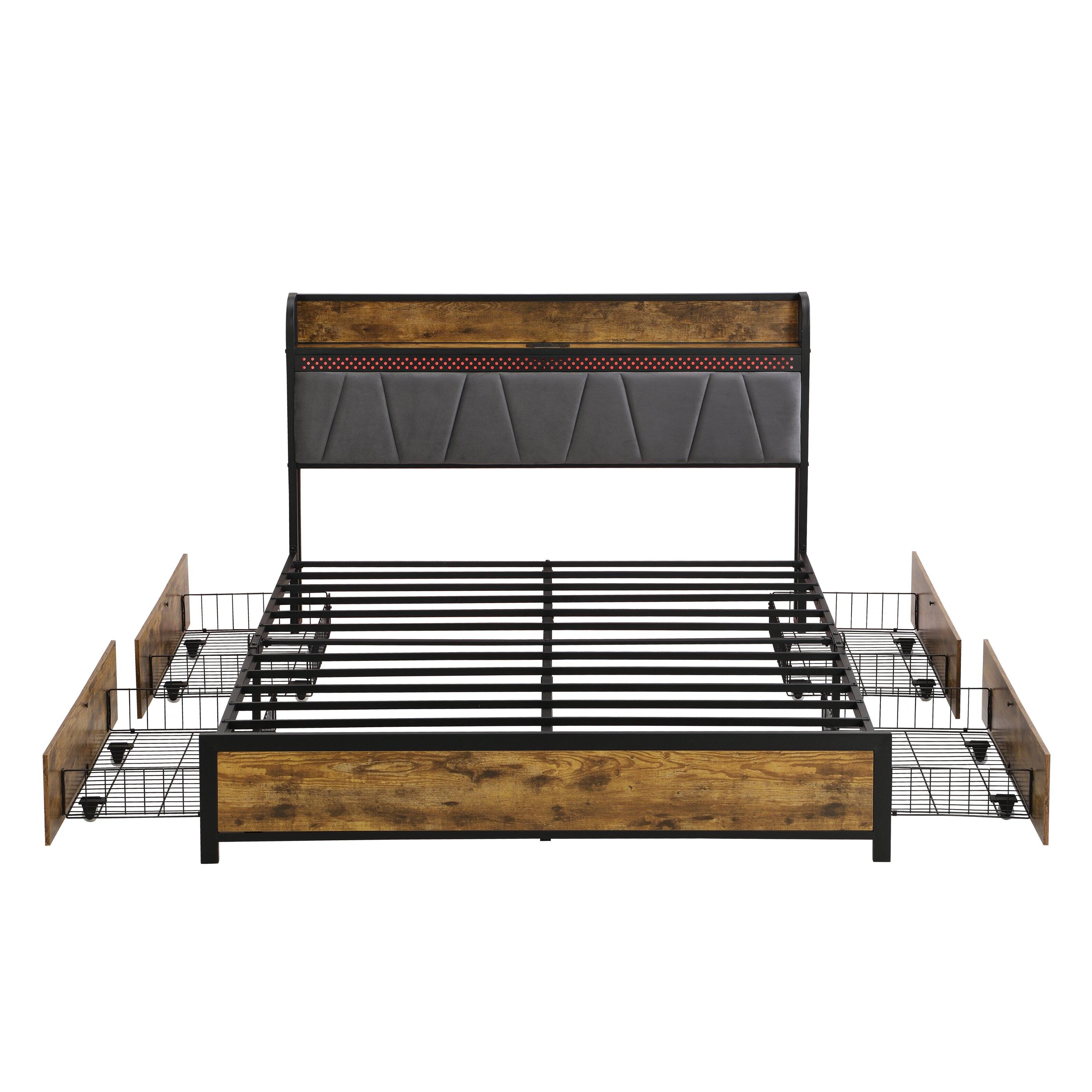 Alt View 1. LUCKY ONE - Queen Size Bed Frame with Charging Station,4 Storage Drawers and LED Lights - Brown+Grey.