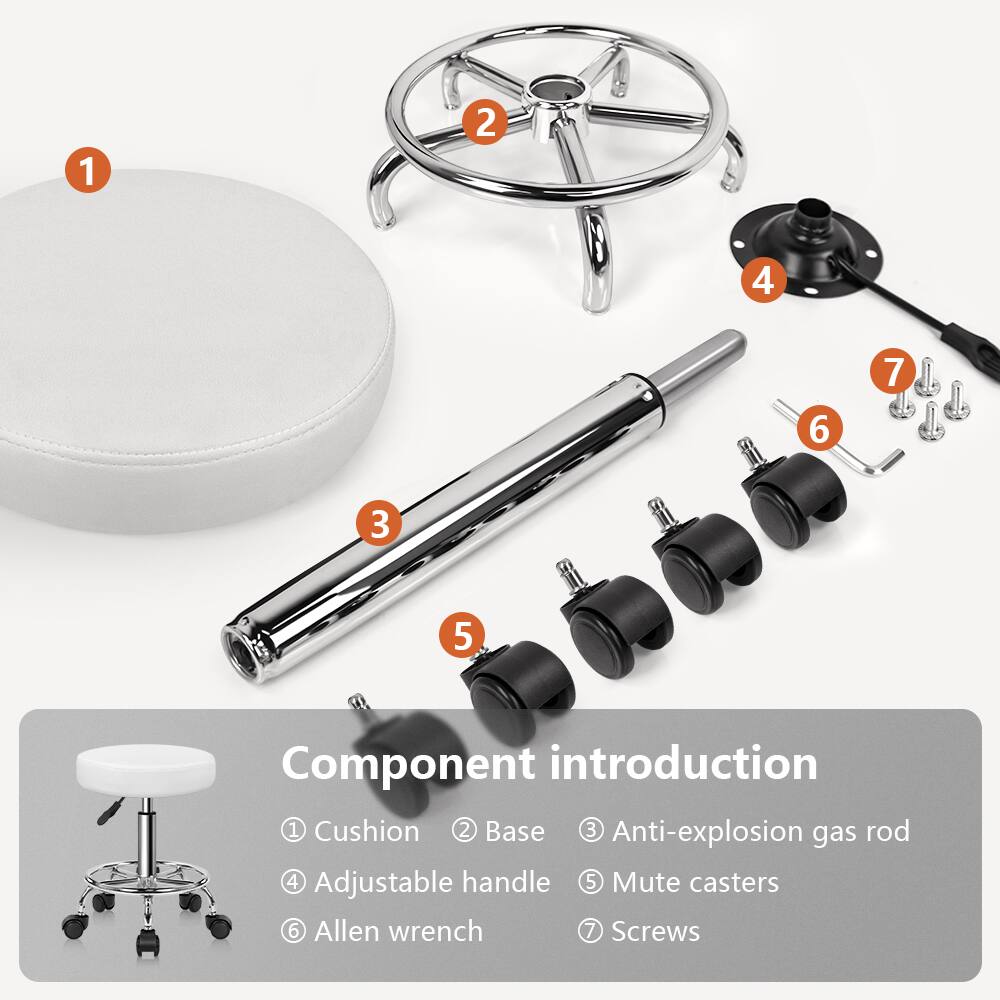 1. Cushion  
2. Base  
3. Anti-explosion gas rod  
4. Adjustable handle  
5. Mute casters  
6. Allen wrench  
7. Screws  

Component introduction  
1. Cushion  
2. Base  
3. Anti-explosion gas rod  
4. Adjustable handle  
5. Mute casters  
6. Allen wrench  
7. Screws