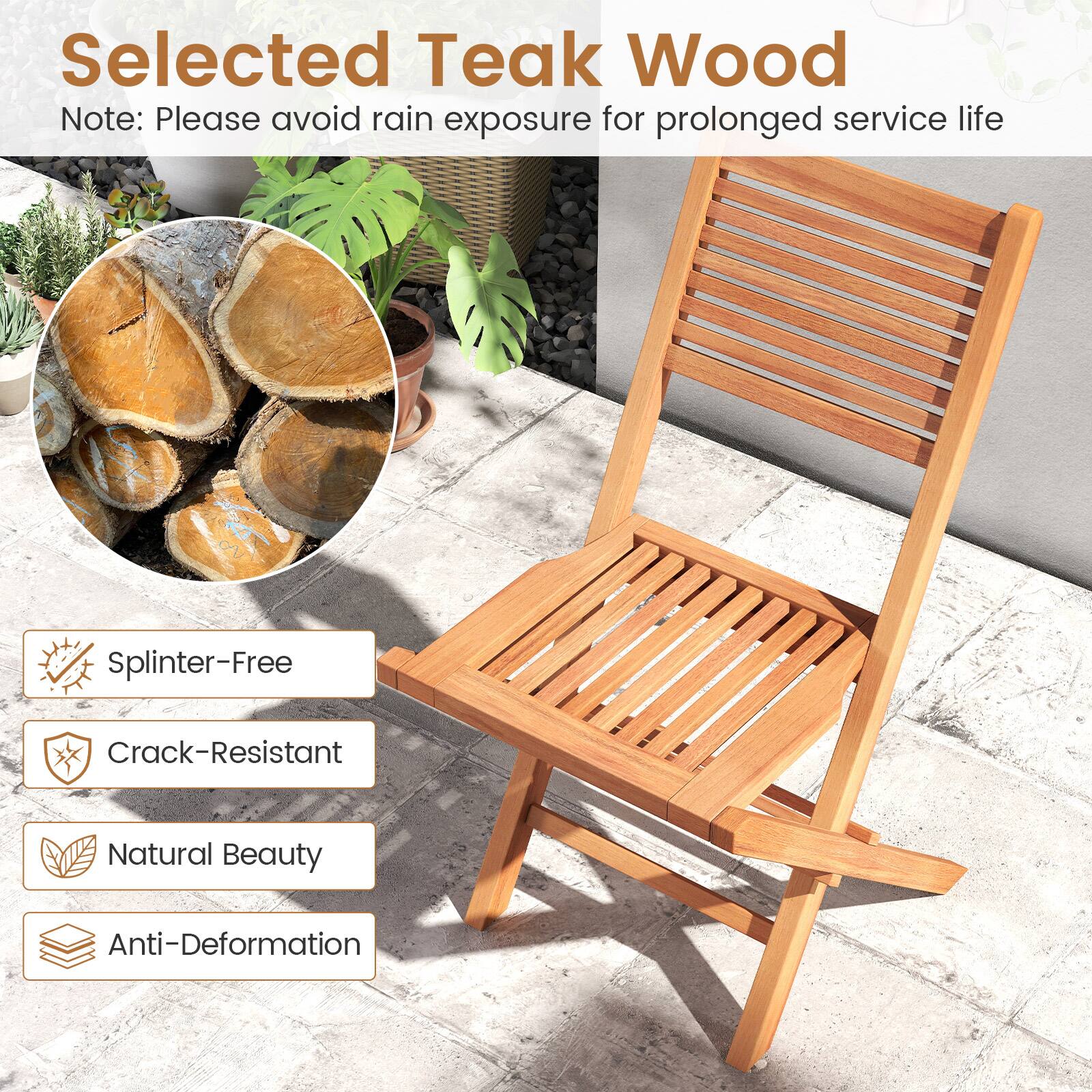 Selected Teak Wood  
Note: Please avoid rain exposure for prolonged service life  

- Splinter-Free  
- Crack-Resistant  
- Natural Beauty  
- Anti-Deformation