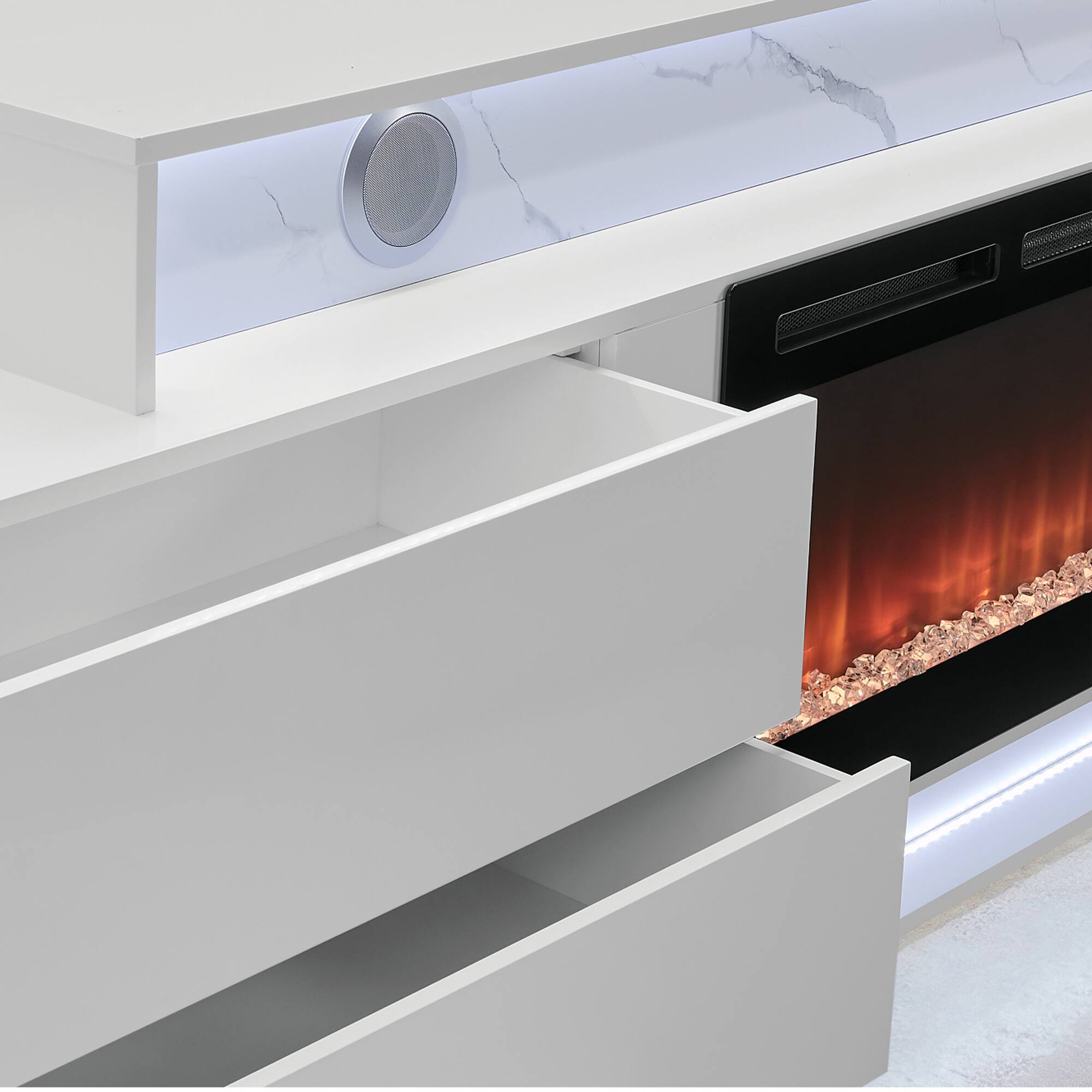 Alt View 5. Boyel Living - 87-in White Electric Fireplace Entertainment Unit with Bluetooth Speaker LED Lighting and Crystal Rock Display - White.