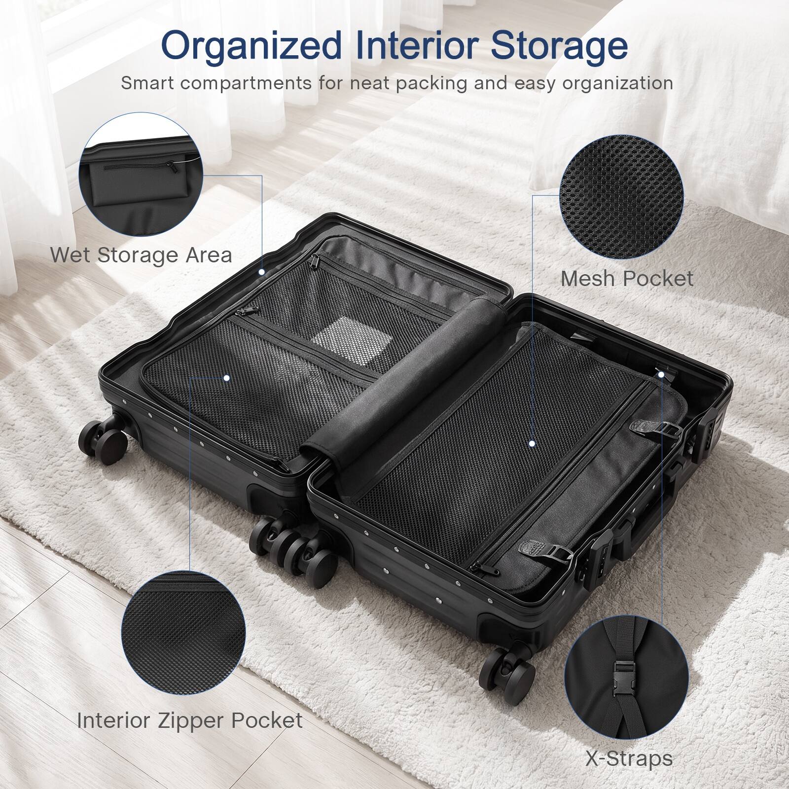 Organized Interior Storage  
Smart compartments for neat packing and easy organization  
Wet Storage Area  
Mesh Pocket  
Interior Zipper Pocket  
X-Straps