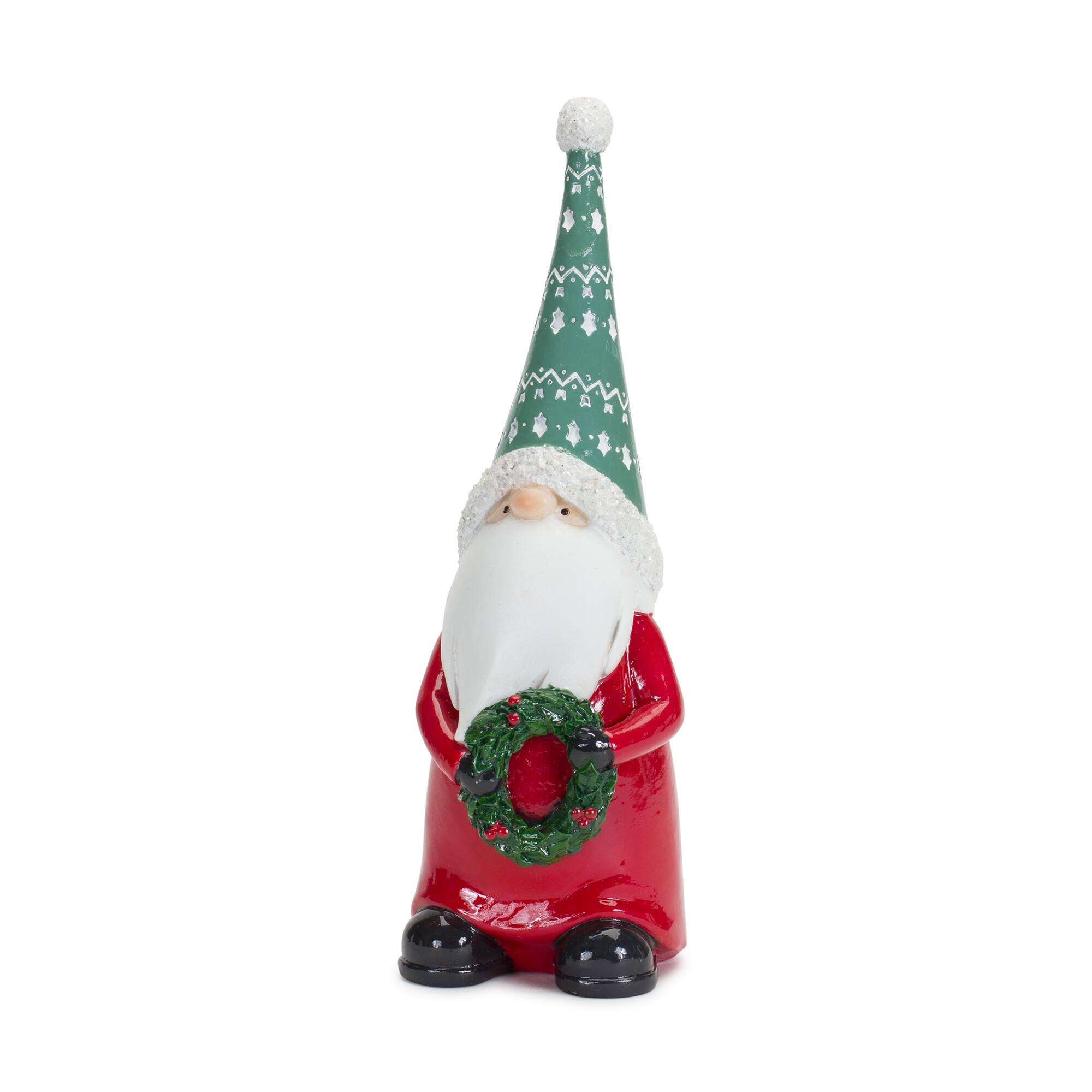 Left. BreeBe - Holiday Gnome Figurine with Present and Wreath Accent (Set of 2) - Green.