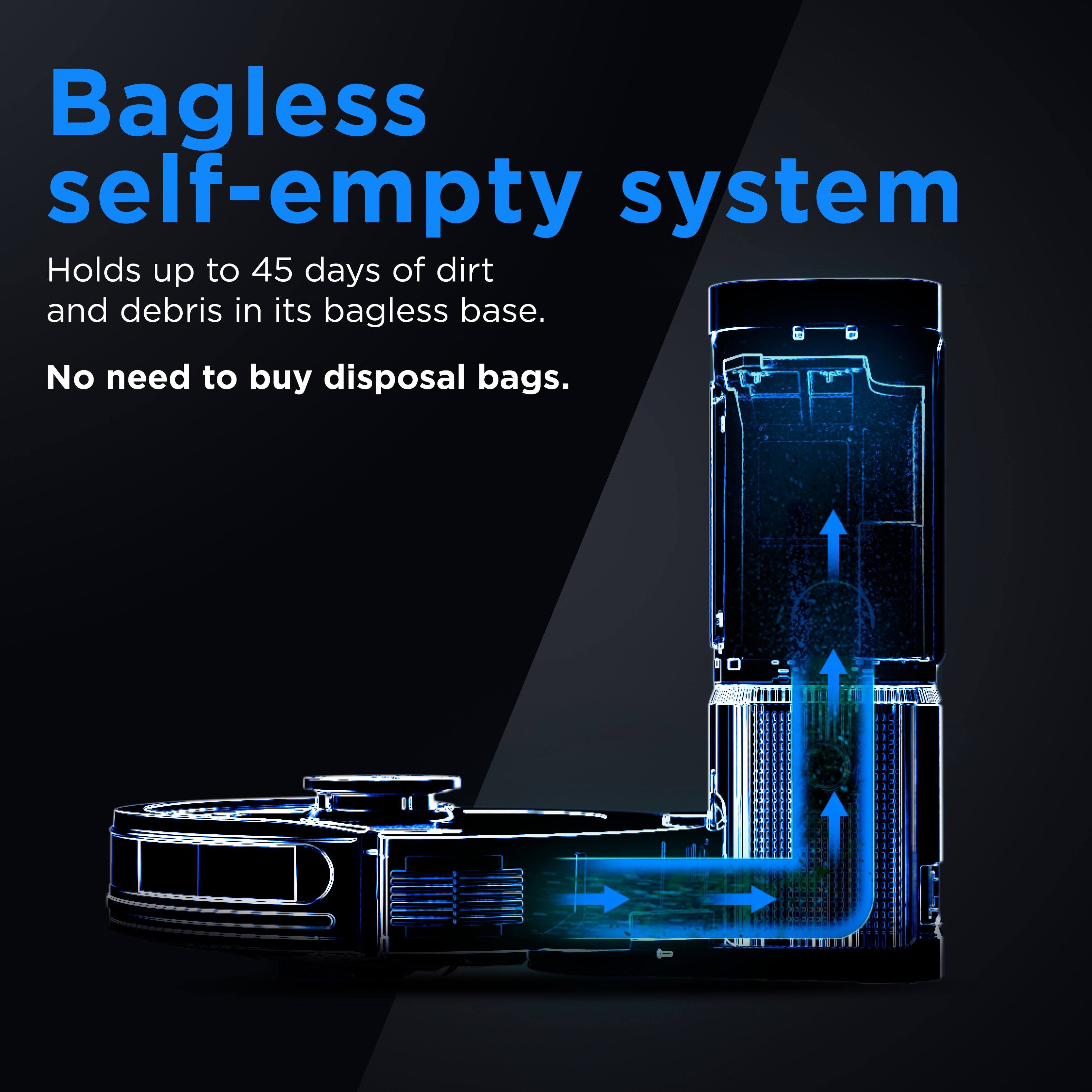 The image features a bagless self-empty system that holds up to 45 days of dirt and debris in its bagless base. This eliminates the need to purchase disposal bags, making it a convenient and eco-friendly option for maintaining cleanliness.