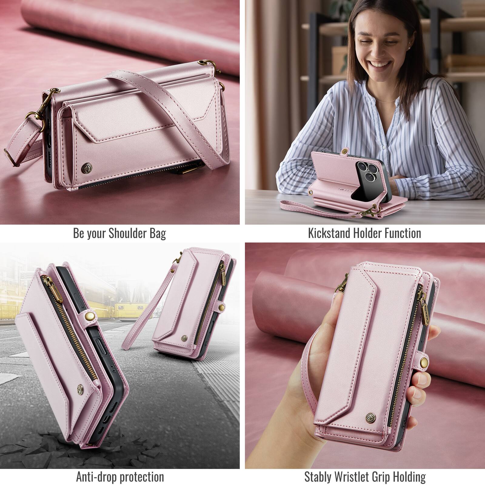 Be your Shoulder Bag

Kickstand Holder Function

Anti-drop protection

Stably Wristlet Grip Holding