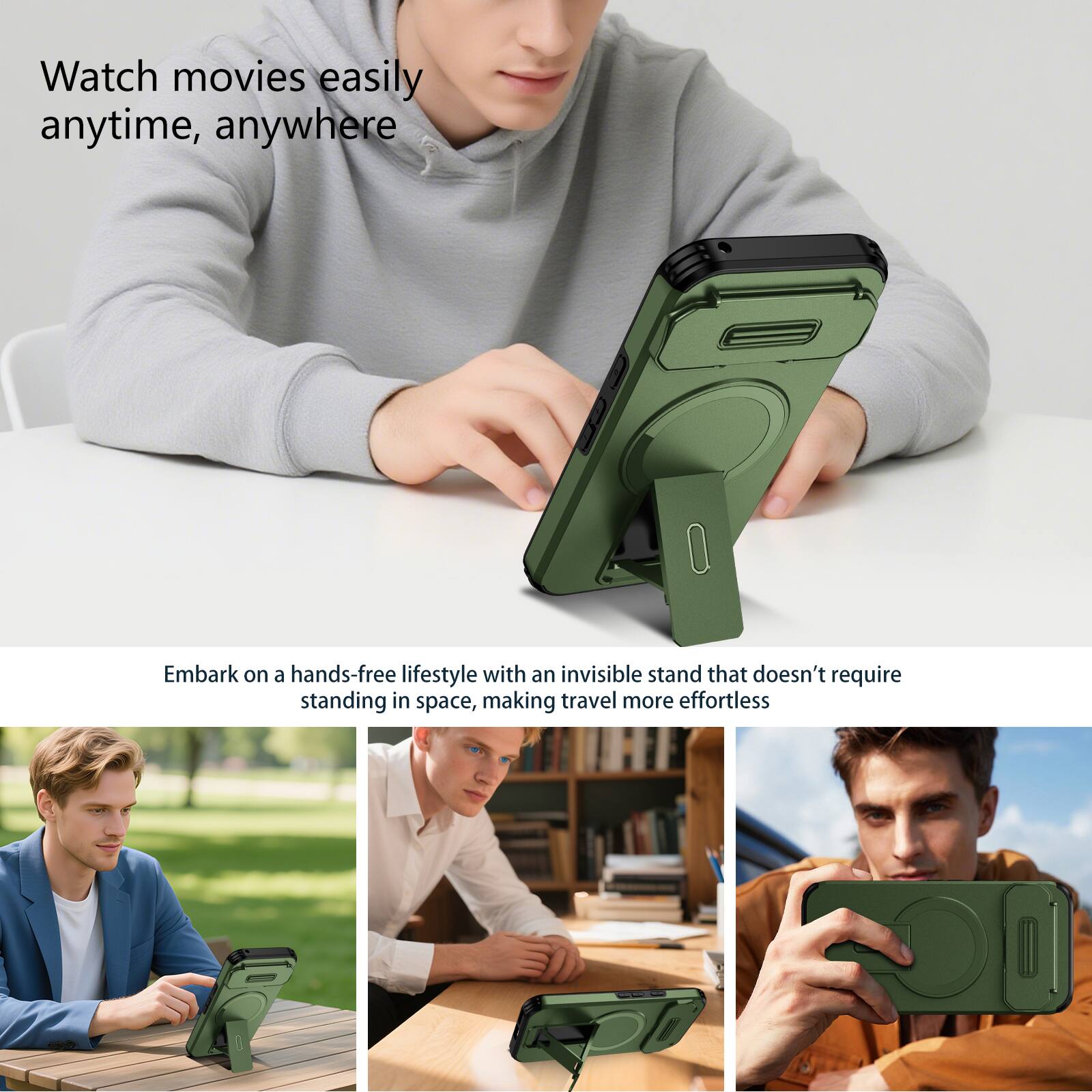 Watch movies easily anytime, anywhere

Embark on a hands-free lifestyle with an invisible stand that doesn't require standing in space, making travel more effortless