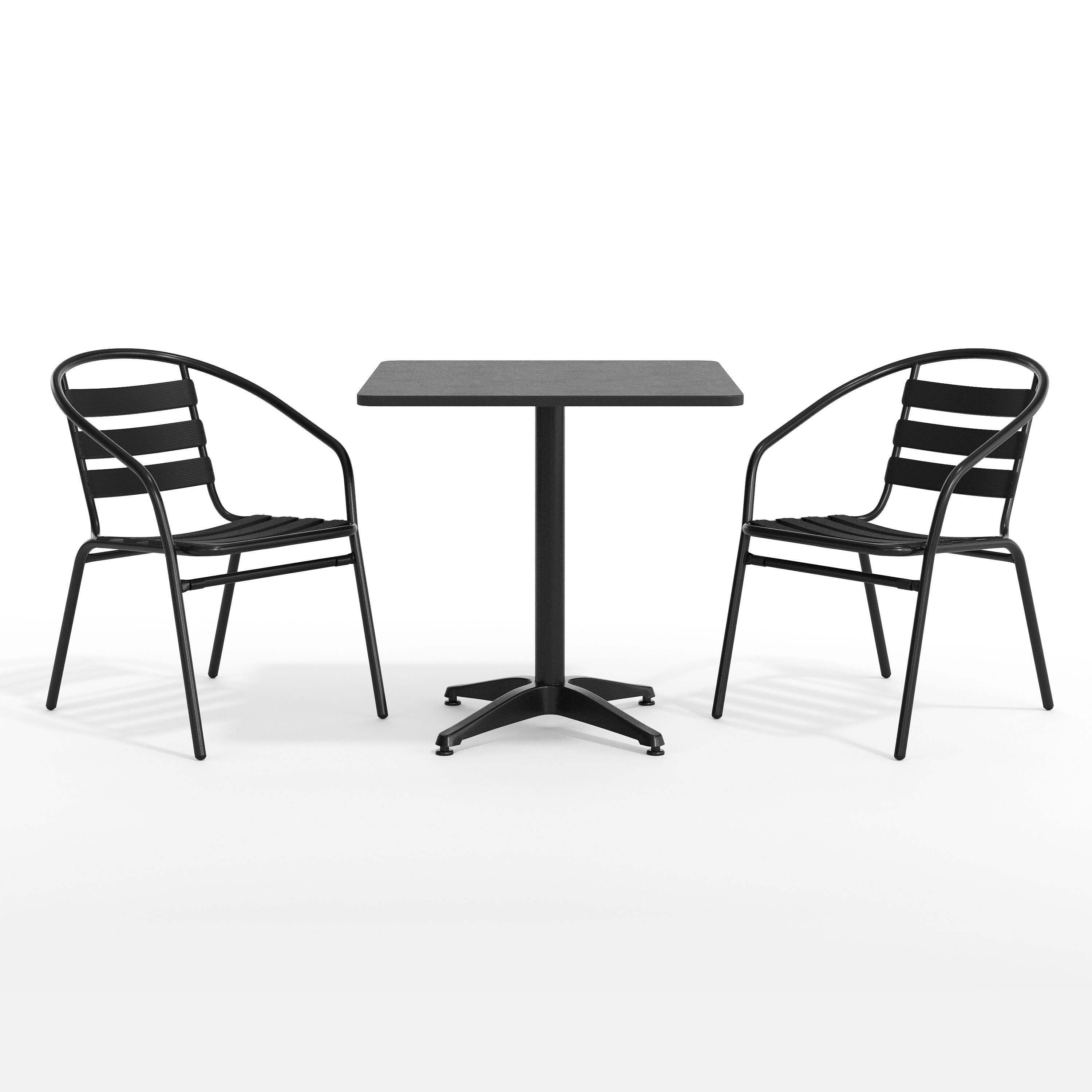Angle. Flash Furniture - Lila 27.5'' Black Square Aluminum Indoor-Outdoor Table Set with 2 Black Slat Back Chairs - Black.