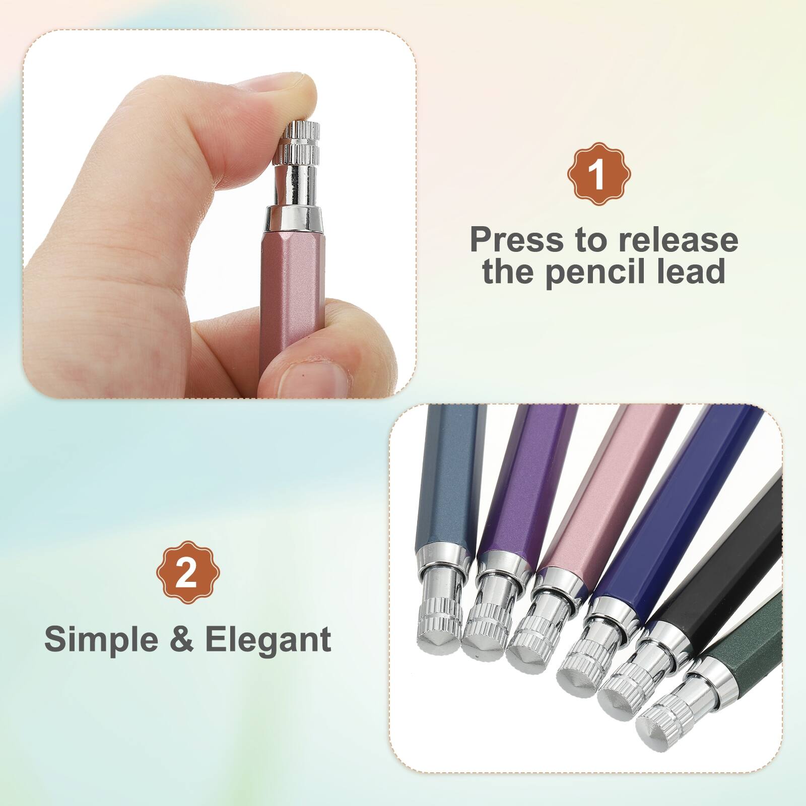 1. Press to release the pencil lead
2. Simple & Elegant