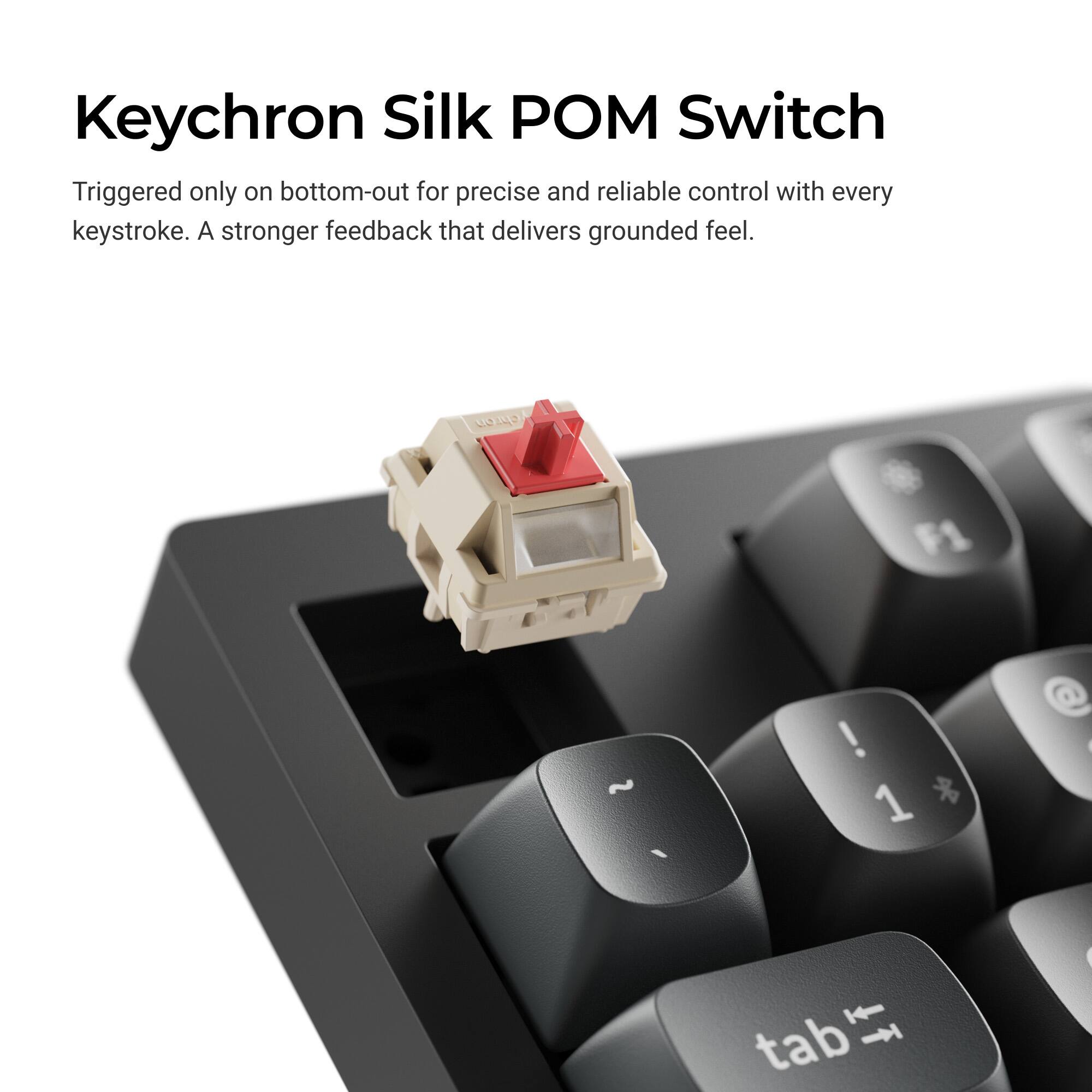 Keychron Silk POM Switch

Triggered only on bottom-out for precise and reliable control with every keystroke. A stronger feedback that delivers grounded feel.