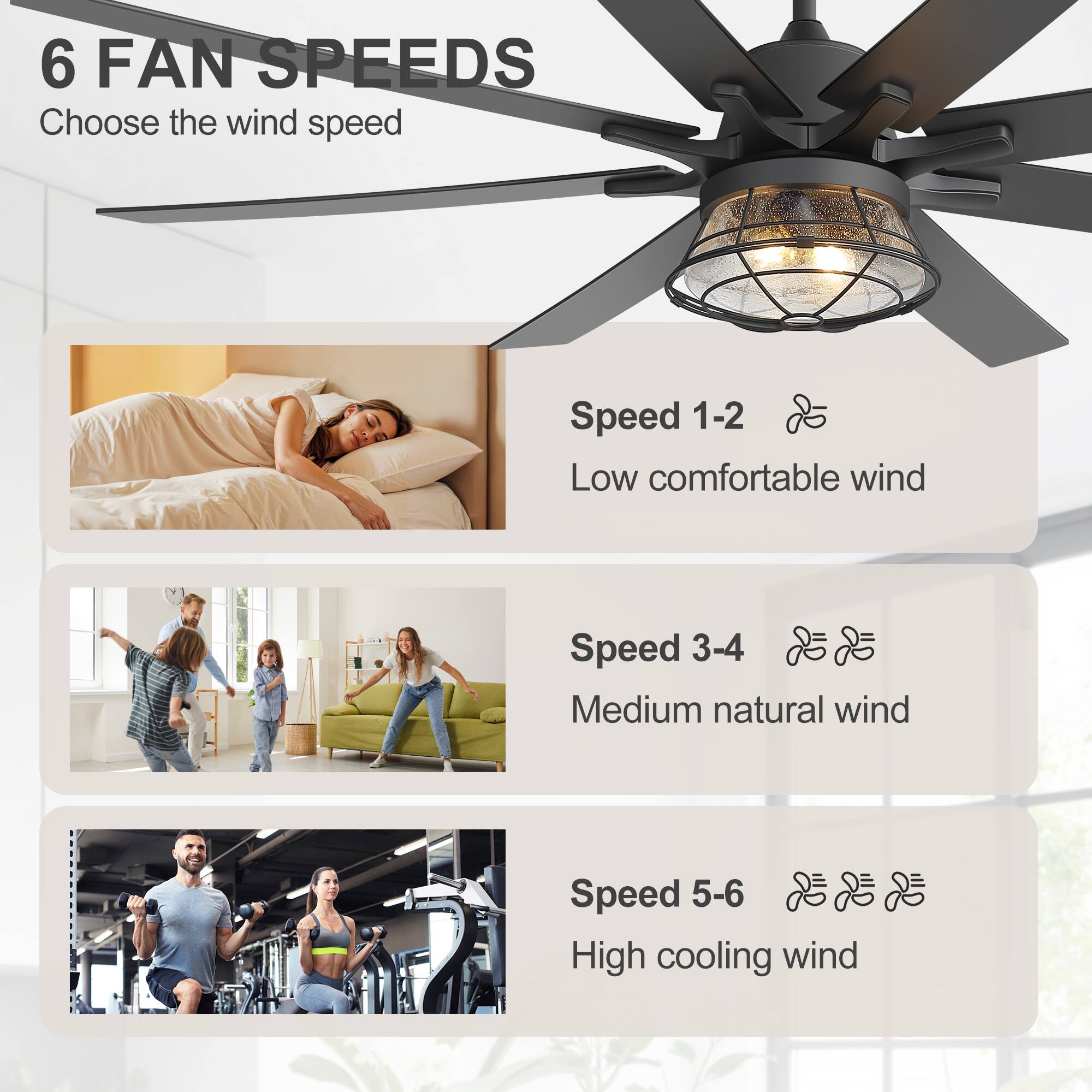 6 FAN SPEEDS  
Choose the wind speed

Speed 1-2  
Low comfortable wind

Speed 3-4  
Medium natural wind

Speed 5-6  
High cooling wind