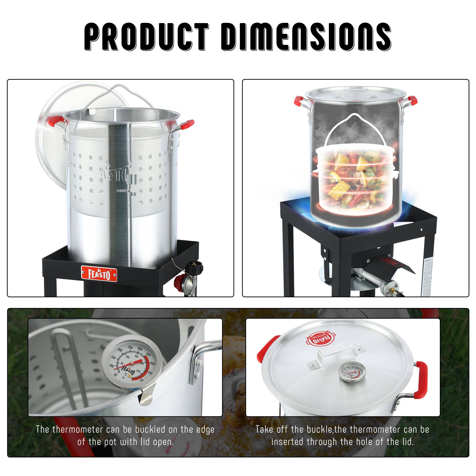 PRODUCT DIMENSIONS

The thermometer can be buckled on the edge of the pot with lid open.

Take off the buckle, the thermometer can be inserted through the hole of the lid.