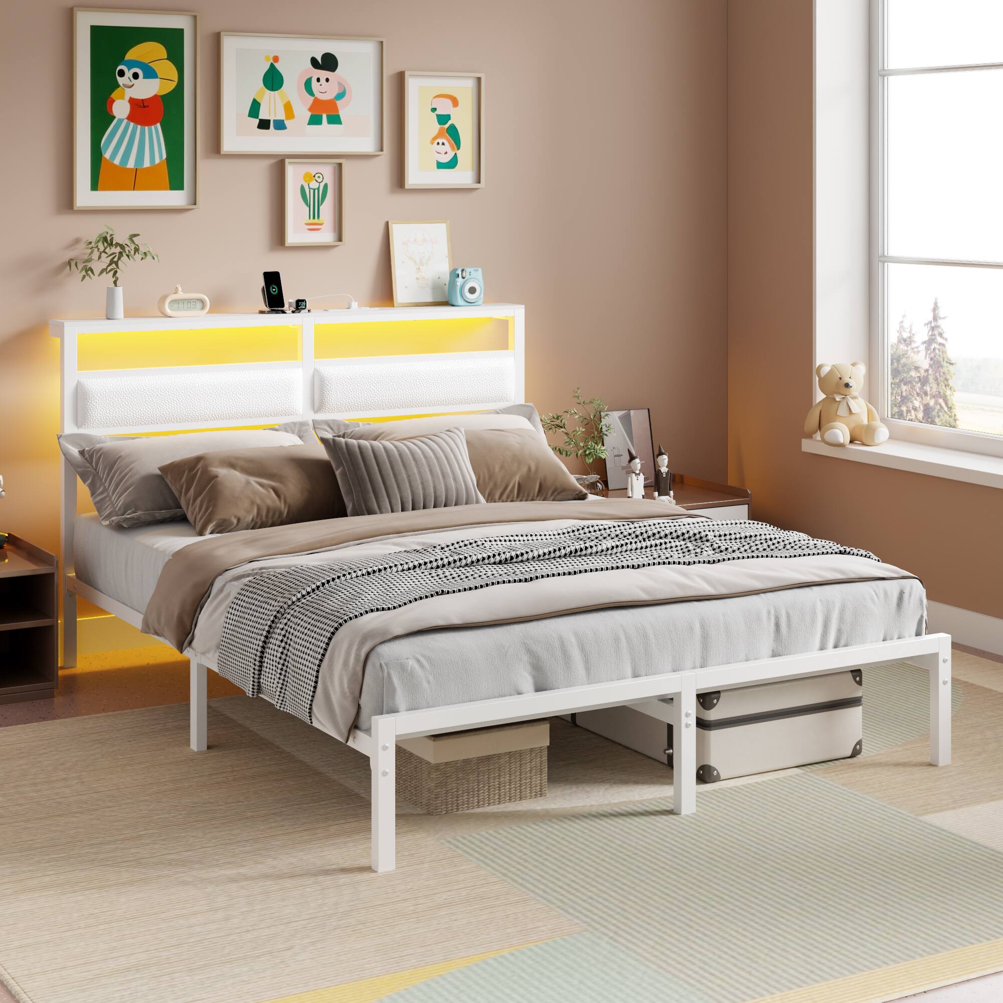 Alt View 1. Furnulem - Bed Frame with Storage Headboard LED Light Built-in Charging Station USB Ports Underbed Storage No Box Spring Needed - White.