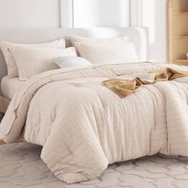 Dazzed Corner - Seersucker 5/7 Pieces Bed in a Bag Comforter Set with Sheets, Pillowcases & Shams - Beige