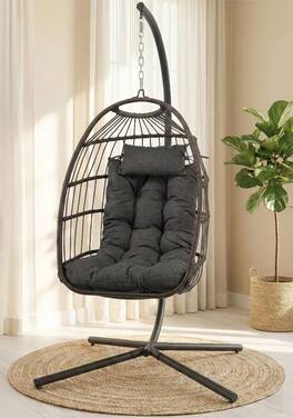 SereneLife - Egg Chair with Stand, Hanging Rattan Wicker Swing, 350 lbs Capacity, Breathable Cushion - SWC77DG