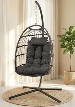 Front. SereneLife - SereneLife Egg Chair with Stand, Hanging Rattan Wicker Swing, 350 lbs Capacity, Breathable Cushion - SWC77DG.