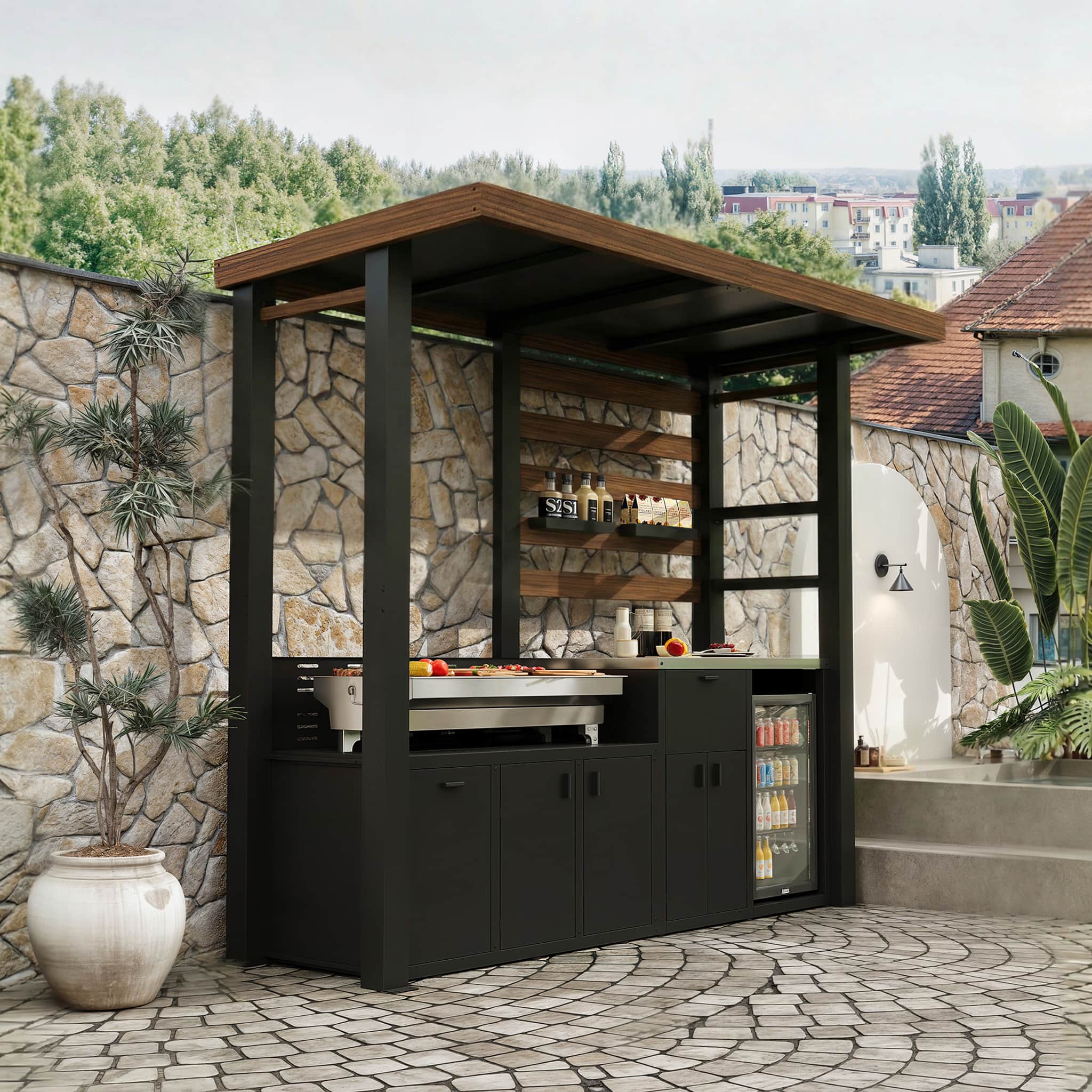 Famapy - Galvanized Steel Outdoor Kitchen Station – Dual Worktops with Storage Drawer & Cabinet, 14.4" Hidden Trash