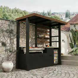 Famapy - Galvanized Steel Outdoor Kitchen Station – Dual Worktops with Storage Drawer & Cabinet, 14.4" Hidden Trash