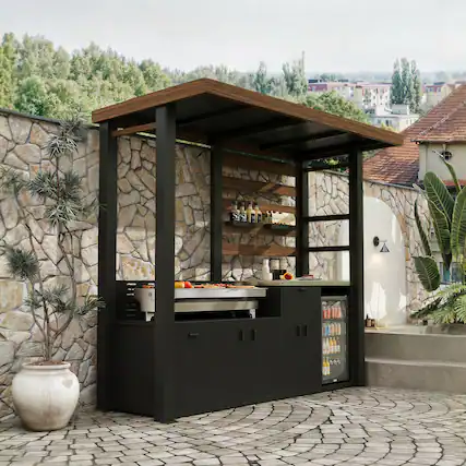 Front. Famapy - Galvanized Steel Outdoor Kitchen Station – Dual Worktops with Storage Drawer & Cabinet, 14.4" Hidden Trash.