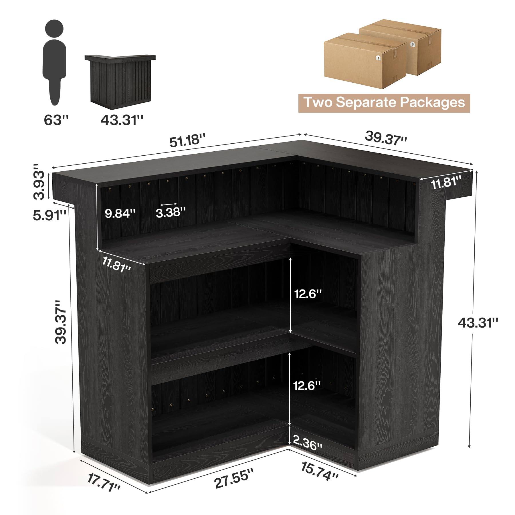 63" 3.93" 5.91" 39.37"  
43.31" 51.18" 9.84" 3.38" 11.81"  
Two Separate Packages 39.37" 11.81" 12.6" 43.31" 12.6"  
17.71"  
27.55"  
2.36" 15.74"