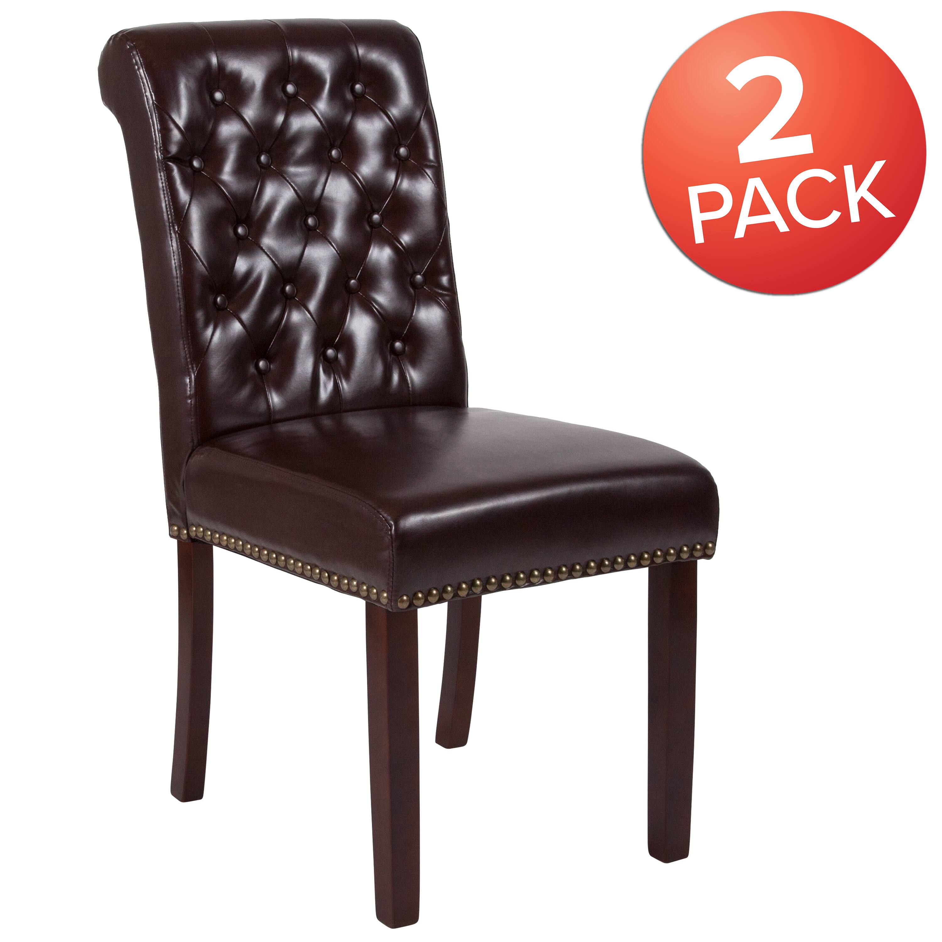 Alt View 2. Emma + Oliver - 2 PK Upholstered Rolled Back Parson's Chair with Nailhead Trim & Finished Frame with Plastic Floor Glides - Brown LeatherSoft.