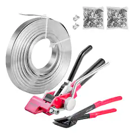 VEVOR - Steel Banding Strapping Kit, Heavy Duty Banding Sealer Tool with 200 ft Binding Straps, 200 Metal Clasps - Black + Dark Pink + Silver