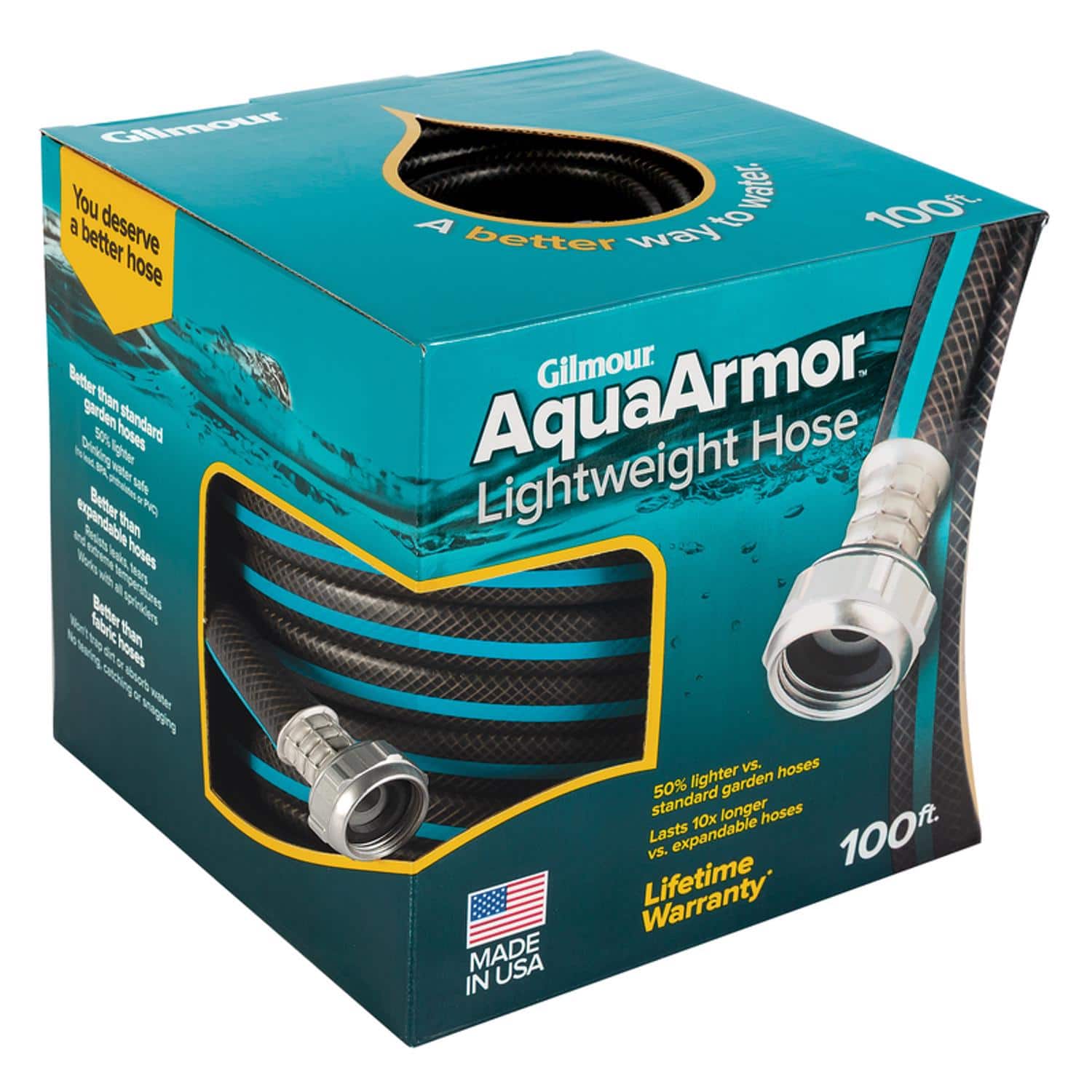 Gilmour AquaArmor Lightweight Hose

You deserve a better hose

- Better than standard garden hoses
- Better than expandable hoses
- Better than fabric hoses

50% lighter vs. standard garden hoses
Lasts 10x longer vs. expandable hoses

Lifetime Warranty

MADE IN USA

100ft