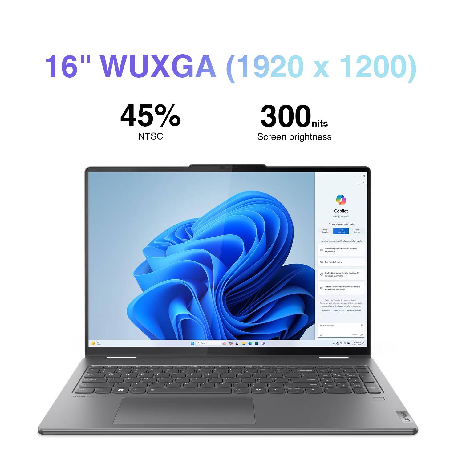 16" WUXGA (1920 x 1200)  
45% NTSC  
300 nits Screen brightness