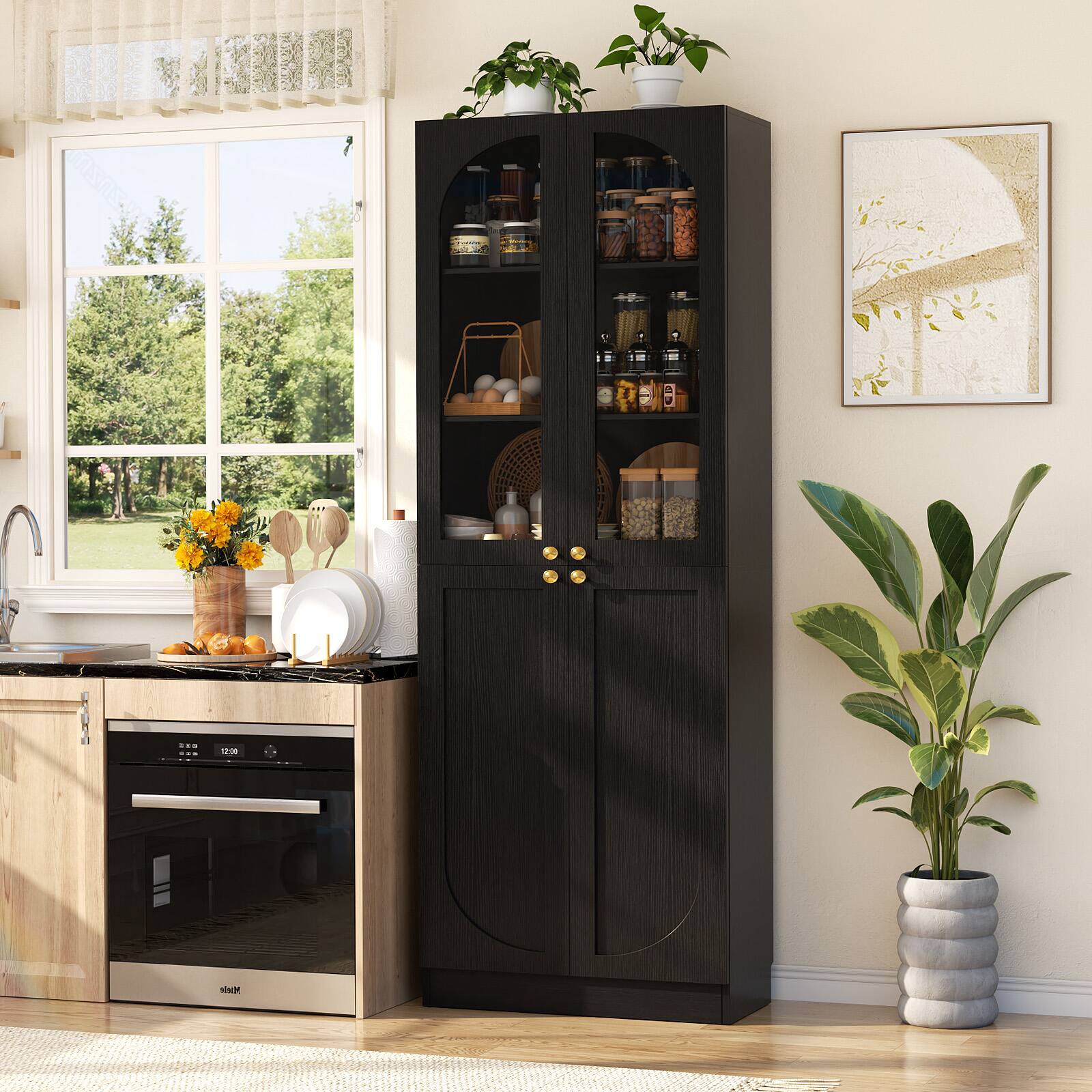 Alt View 5. Aheaplus - 80'' Tall Bookcase with Glass Doors, 6-Tier Farmhouse Bookcase with Adjustable Shelves - Black.