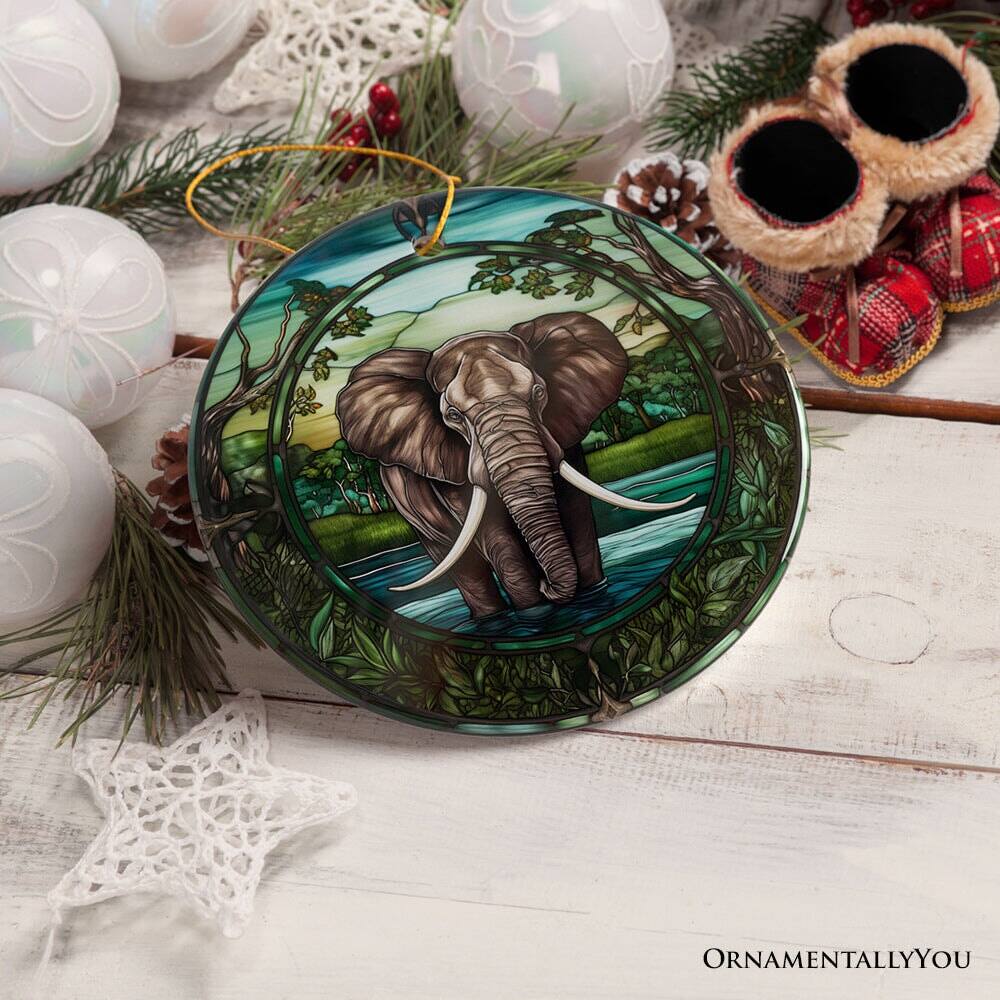 Back. OrnamentallyYou - African Pachyderm Elephant Stained Glass Style Ceramic Ornament Safari Animals Christmas Gift - Multi-colored.