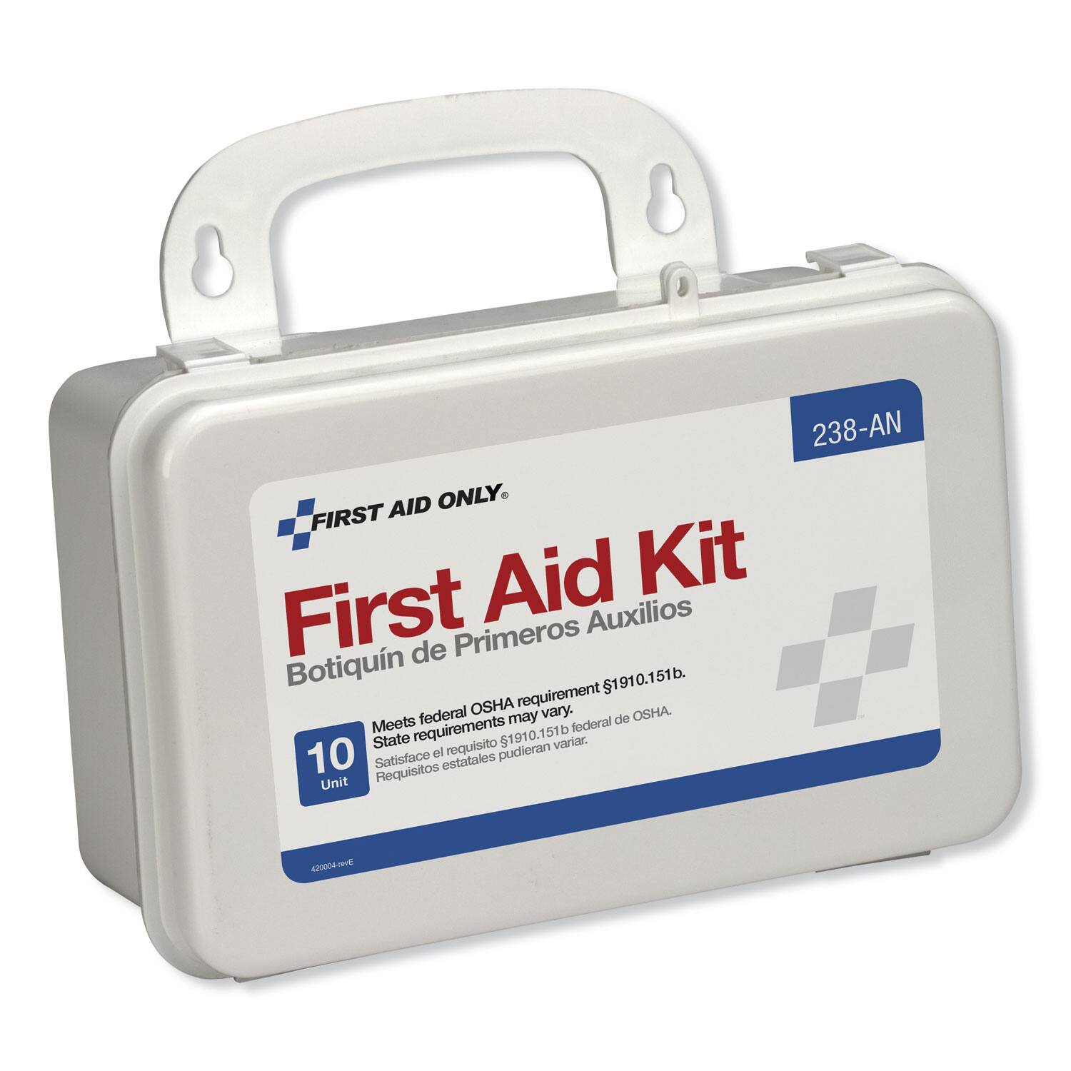 238-AN AID ONLY FIRST Aid Kit First de Primeros Auxilios Botiquín 1910.151b. OSHA requirement federal may vary. de OSHA. Meets requirements federal State requisito 1910.151b variar 10 Satisface to estatales pudieran Unit Requisitos 420004-