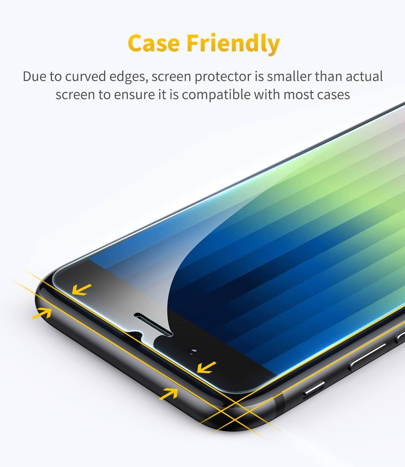 Case Friendly

Due to curved edges, screen protector is smaller than actual screen to ensure it is compatible with most cases