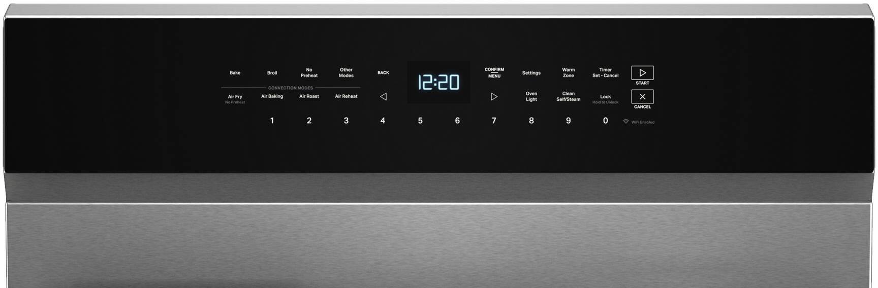 The text on the image reads:

"Bake Air Pry No Brod Preheal CONVECTION MODES Air Baking Air Roast Other Modes Air Reheal BACK 12:20 CONFIRM MENU Settings Oven Light Warm Zone Clean Self/Steam Timer Set Cancel Lock - - ocs START x CANCEL 1 2 3 4 5 6 7 8 9 0 wi Enand."

The corrected text should be:

"Bake Air Pry No Brod Preheal CONVECTION MODES Air Baking Air Roast Other Modes Air Reheal BACK 12:20 CONFIRM MENU Settings Oven Light Warm Zone Clean Self/Steam Timer Set Cancel Lock - - ocs START x CANCEL 1 2 3 4 5 6 7 8 9 0 wi Enand."