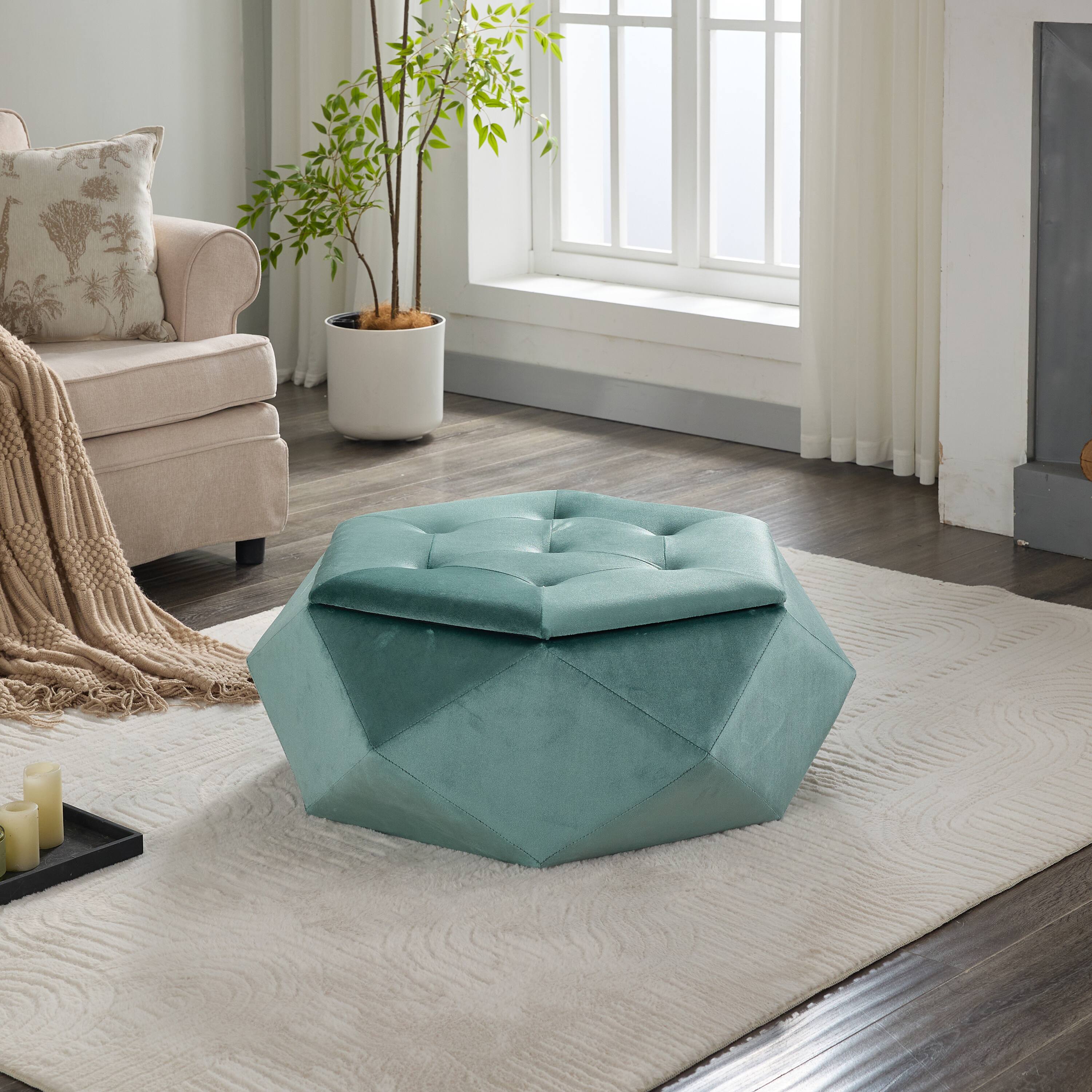 Angle. Whisen - Multi-Functional Velvet Polygon Diamond Tufted Storage Ottoman Footrest for Living Room - Green.