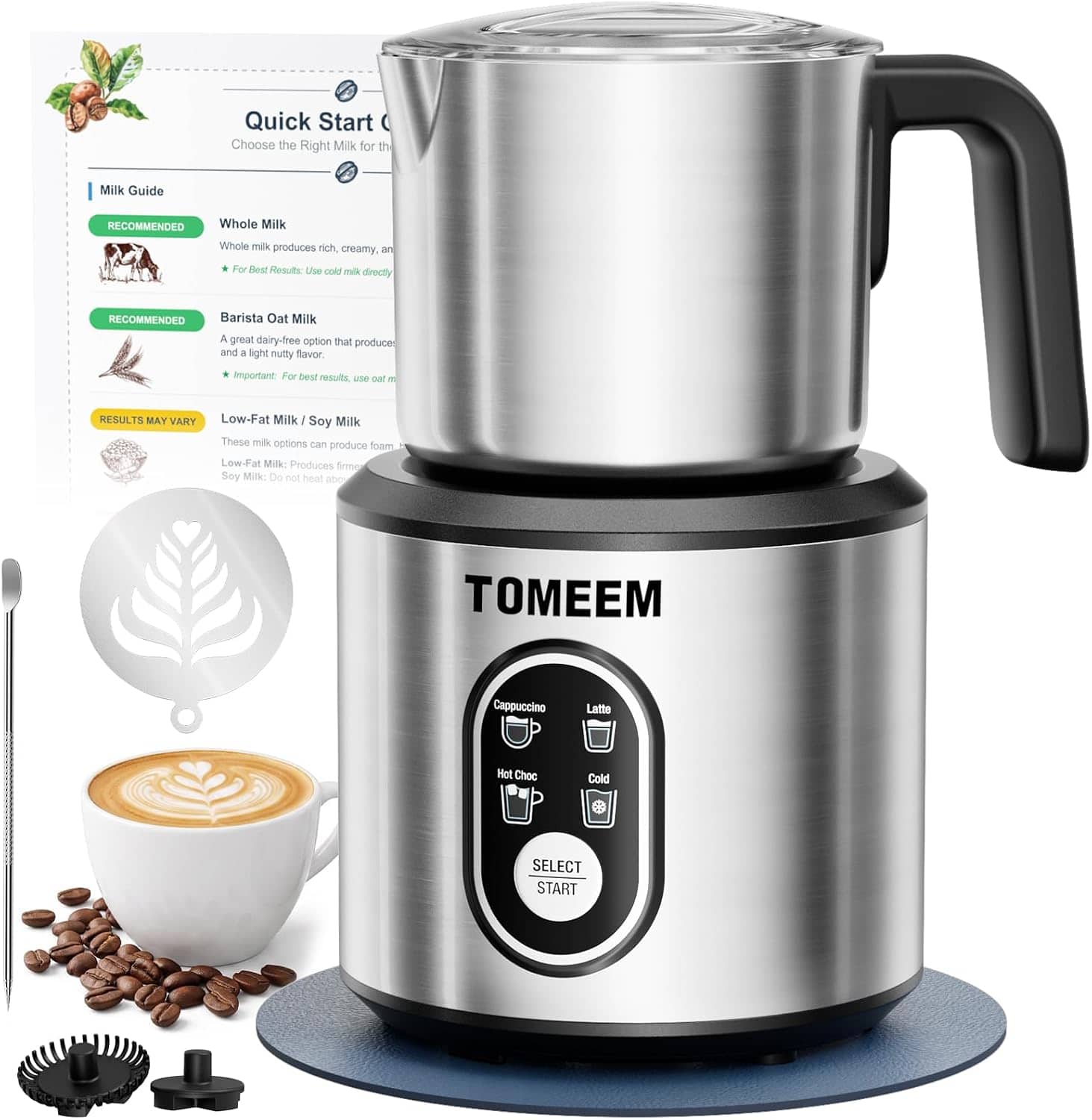 Tomeem - 4-in-1 Electric Milk Frother and Steamer for Hot & Cold Foam-Blue Mat - Stainless Steel