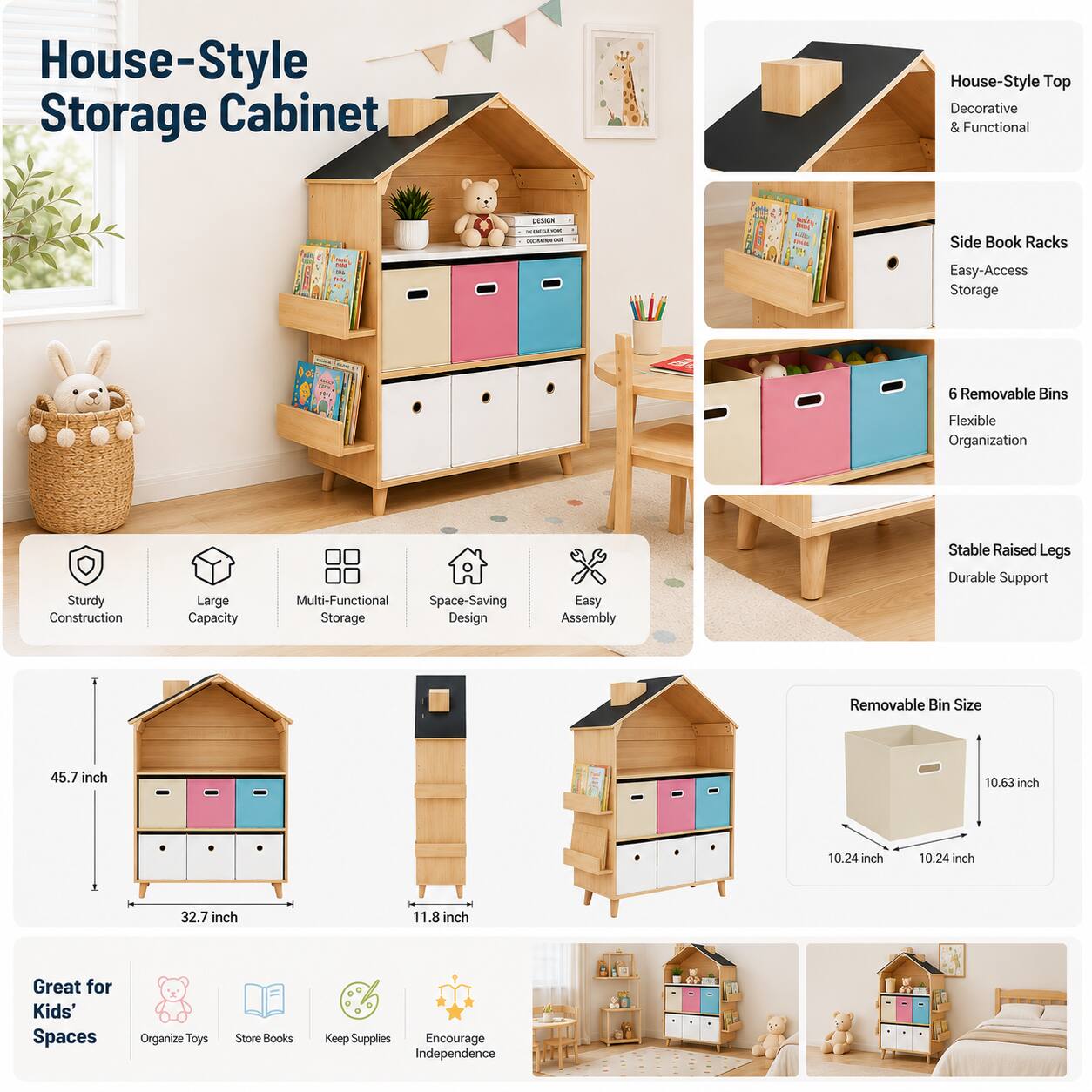 House-Style Storage Cabinet  
House-Style Top Decorative & Functional  
Side Book Racks Easy-Access Storage  
6 Removable Bins Flexible Organization  
Sturdy Construction Large Capacity Multi-Functional Space-Saving Storage Design  
Easy Assembly Stable Raised Legs Durable Support  
Removable Bin Size: 45.7 inch x 10.63 inch x 10.24 inch  
Great for Kids' Spaces Organize Toys Store Books Keep Supplies Encourage Independence