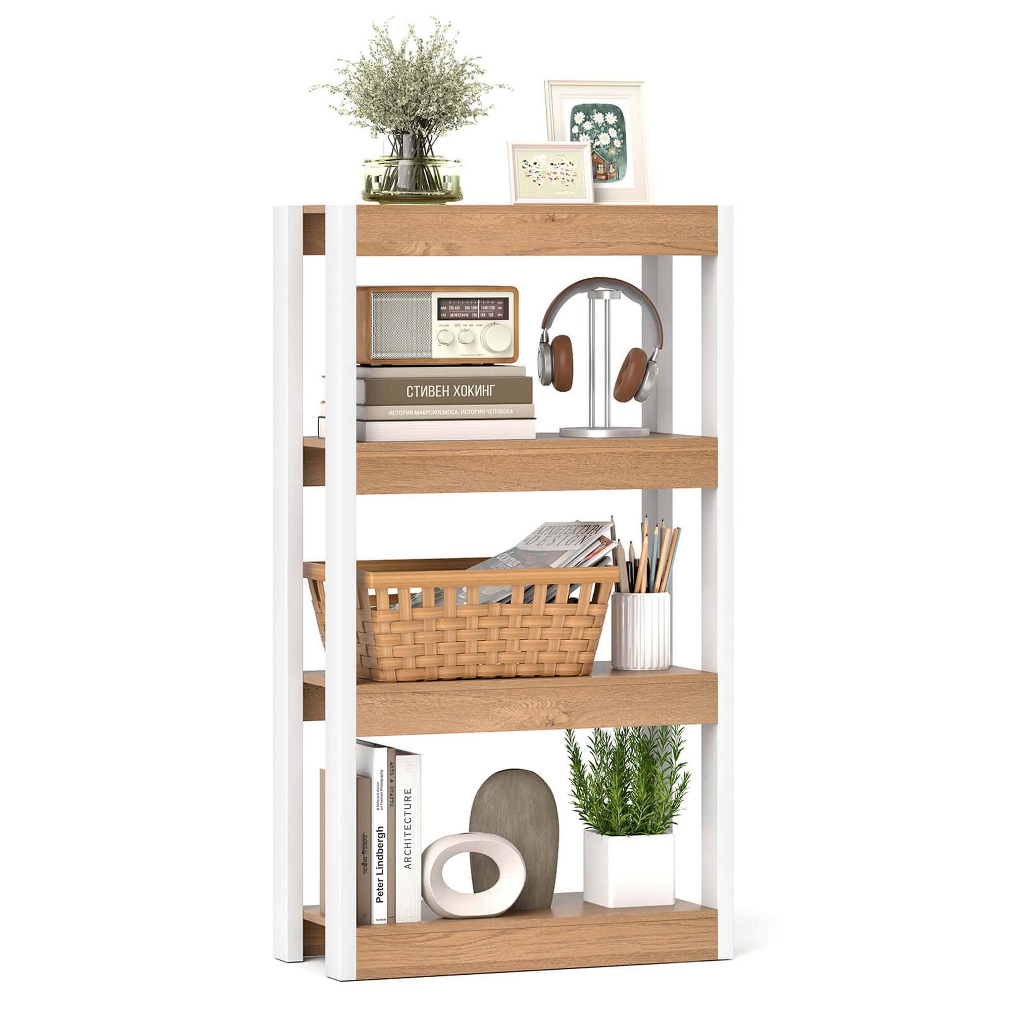 Costway - 1 PCS 4 Tier Bookshelf Wooden Bookcase with Dual Anti-Tipping Kits Open Shelving Unit - Natural,White
