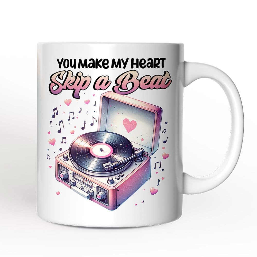 OrnamentallyYou - You Make My Heart Skip a Beat Mug, Vintage Turntable Vinyl Record Player Cute Gift - White